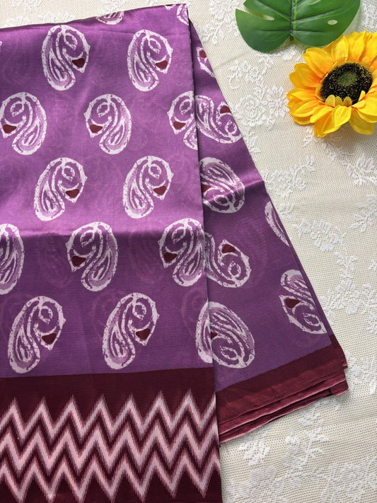 Pink Silk Soft Cotton Saree with Mango Motif Body and Zig Zag pattern Red Border and pallu