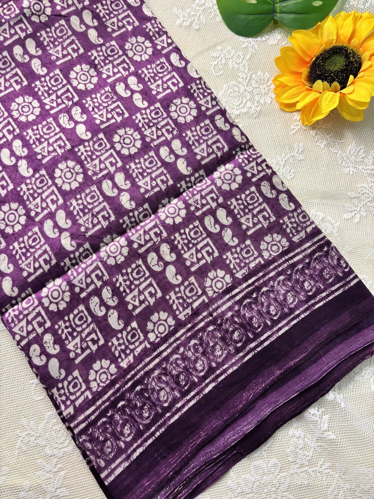 Purple Silk Soft Cotton Saree with block print pattern print Body and mango pattern Border and pallu