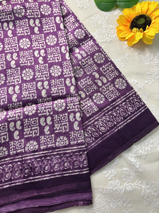Purple Silk Soft Cotton Saree with block print pattern print Body and mango pattern Border and pallu
