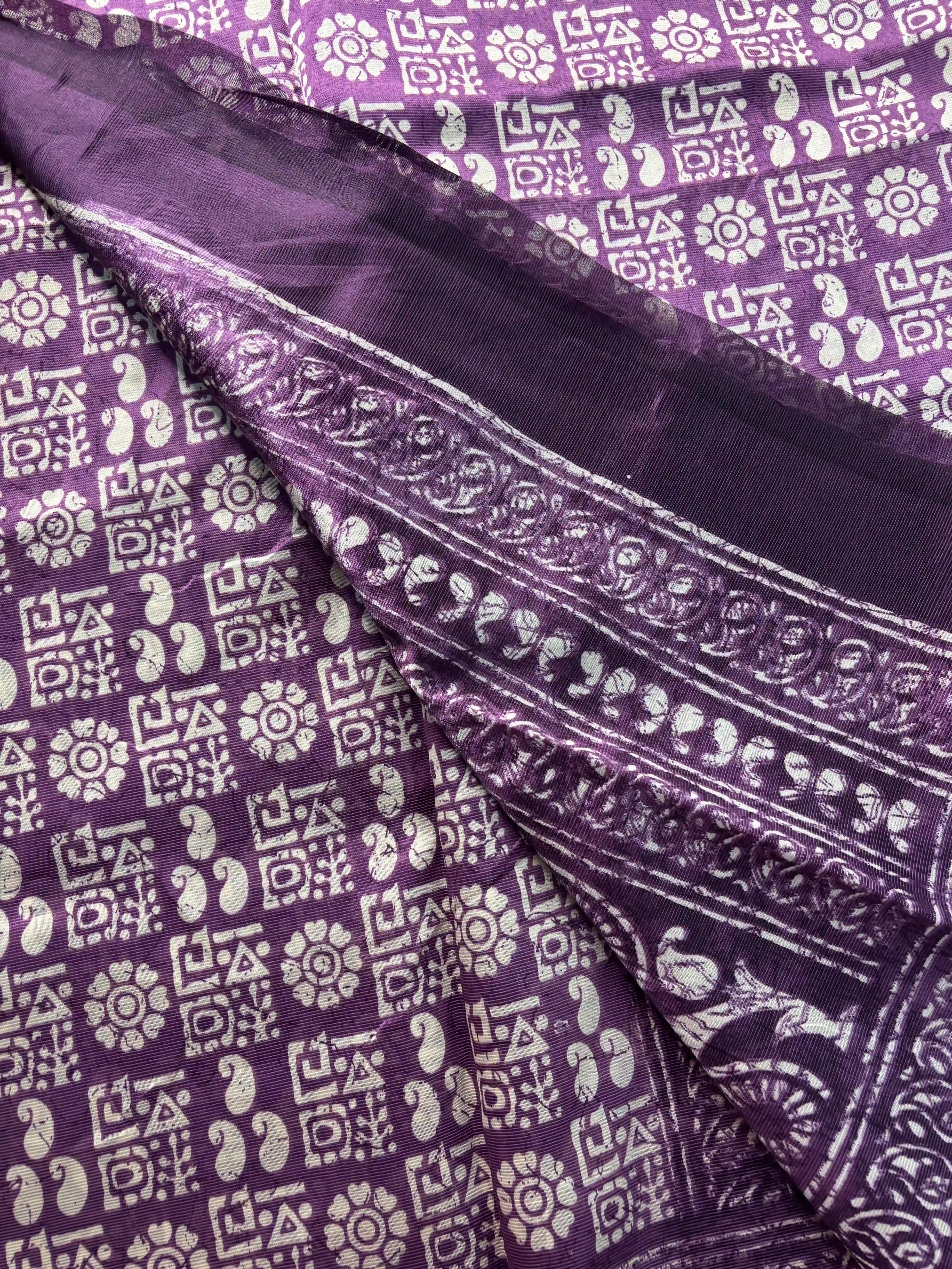 Purple Silk Soft Cotton Saree with block print pattern print Body and mango pattern Border and pallu