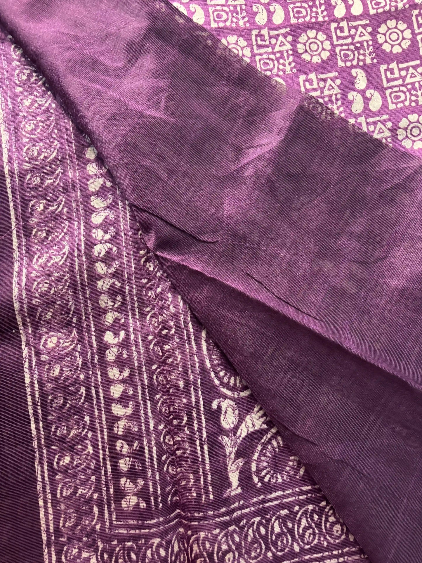 Purple Silk Soft Cotton Saree with block print pattern print Body and mango pattern Border and pallu