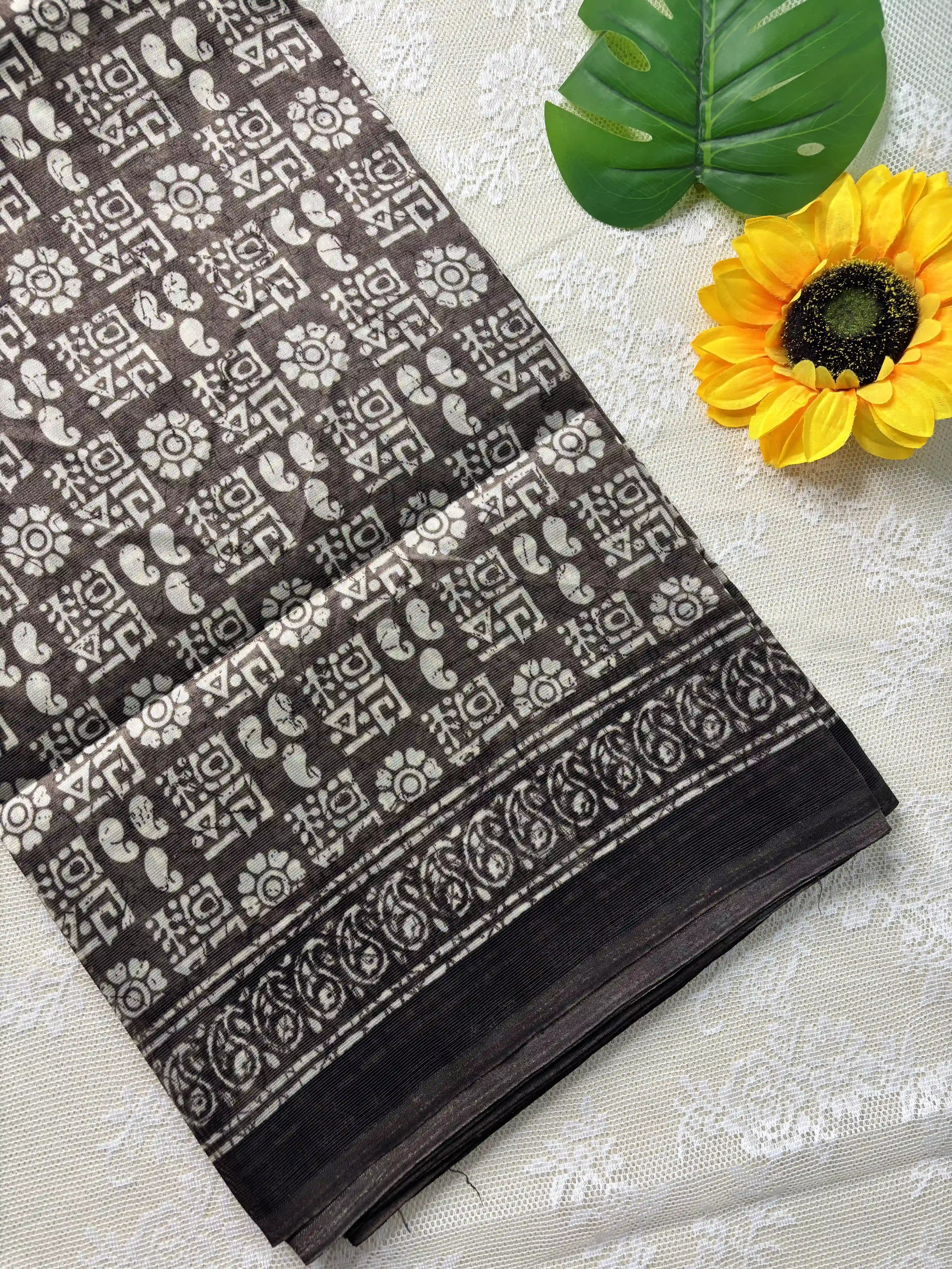Brown Silk Soft Cotton Saree with block print pattern print Body and mango pattern Border and pallu