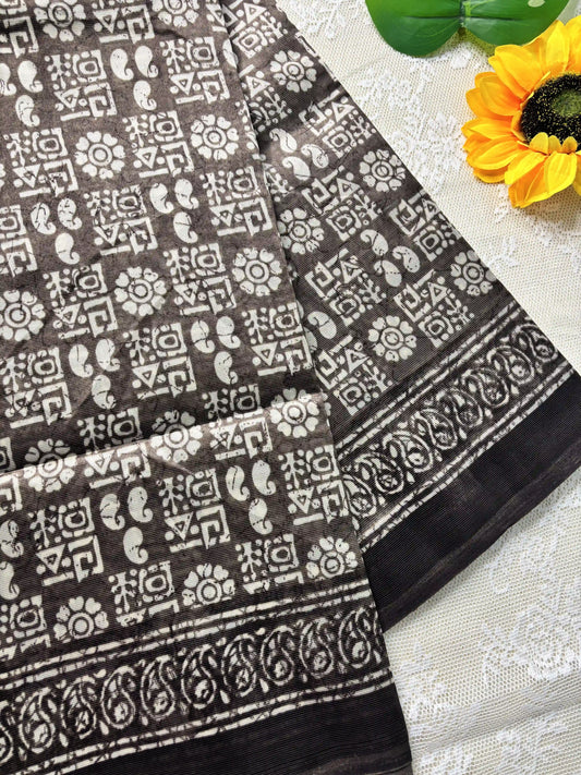 Brown Silk Soft Cotton Saree with block print pattern print Body and mango pattern Border and pallu