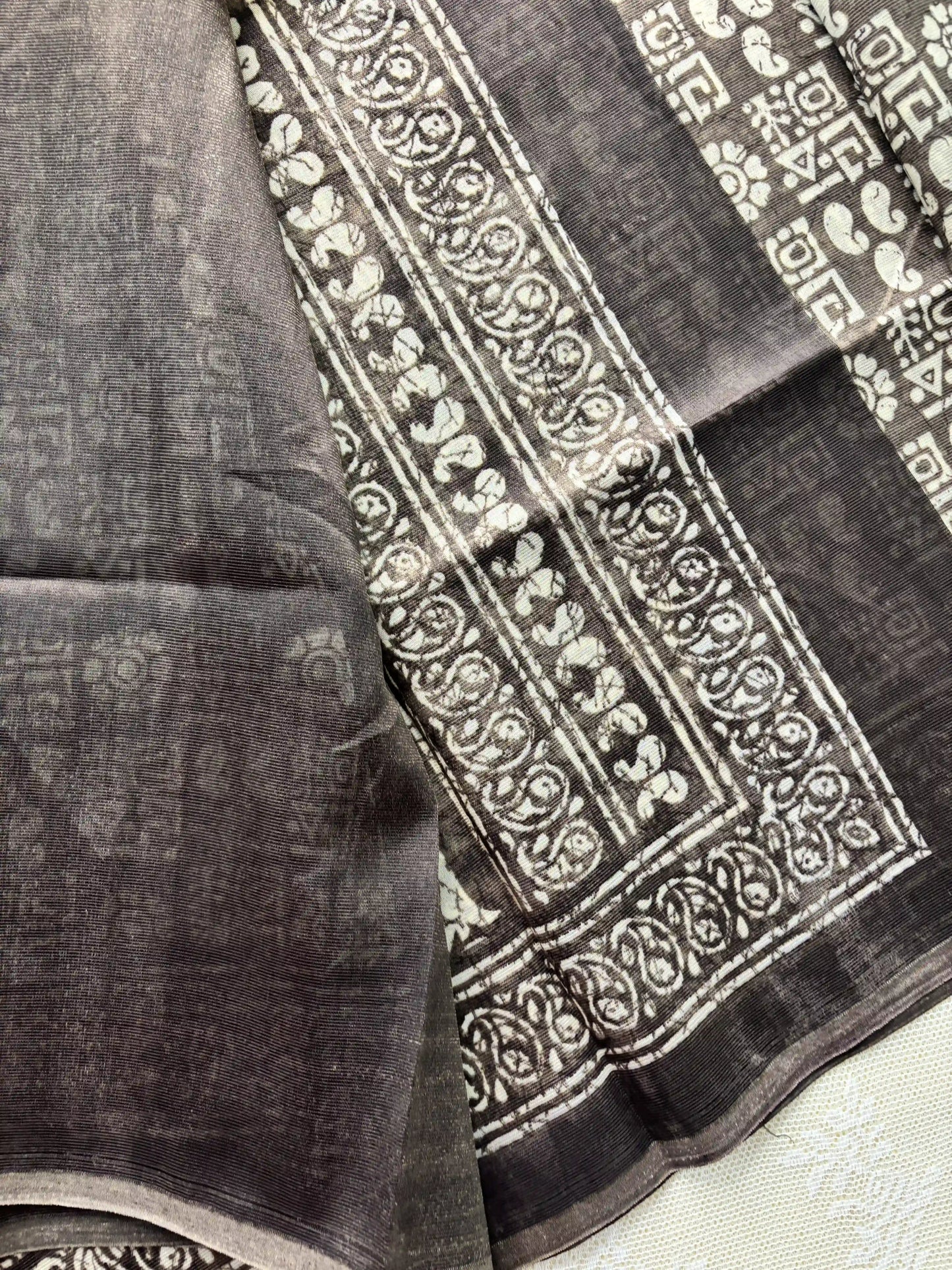 Brown Silk Soft Cotton Saree with block print pattern print Body and mango pattern Border and pallu