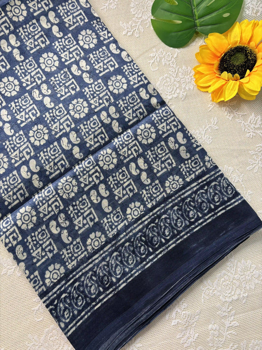 Navy Blue Silk Soft Cotton Saree with block print pattern print Body and mango pattern Border and pallu