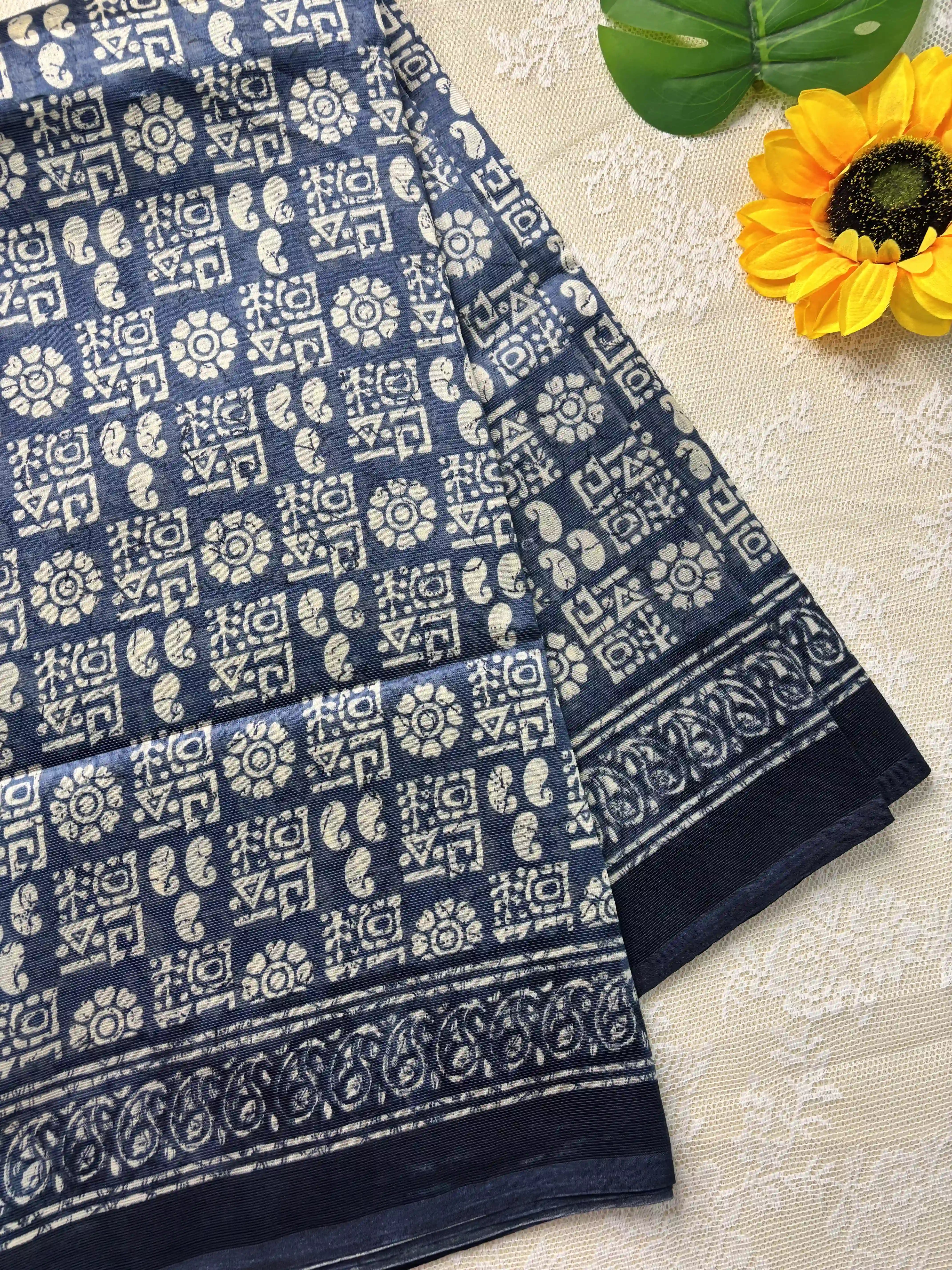 Navy Blue Silk Soft Cotton Saree with block print pattern print Body and mango pattern Border and pallu