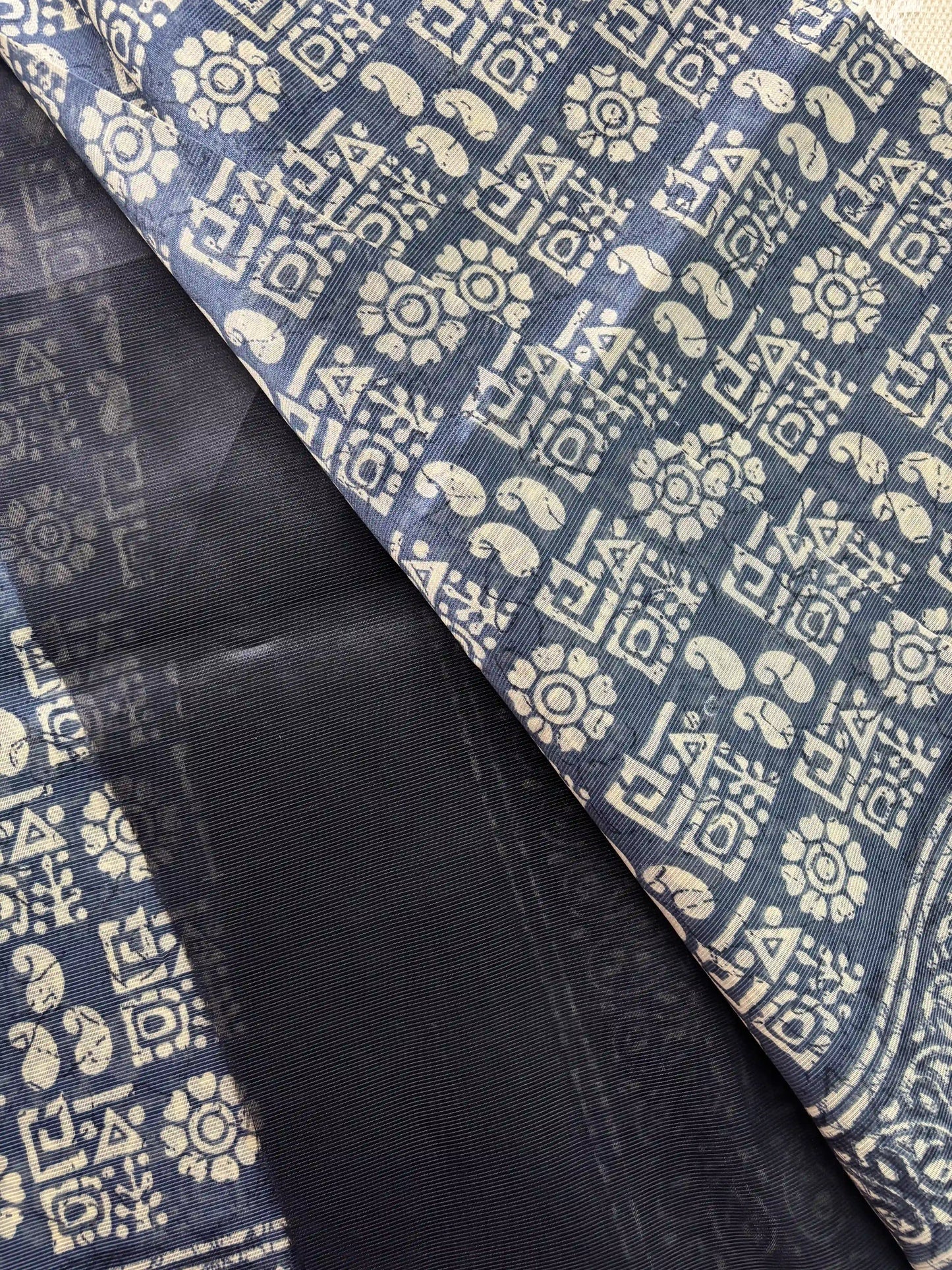 Navy Blue Silk Soft Cotton Saree with block print pattern print Body and mango pattern Border and pallu