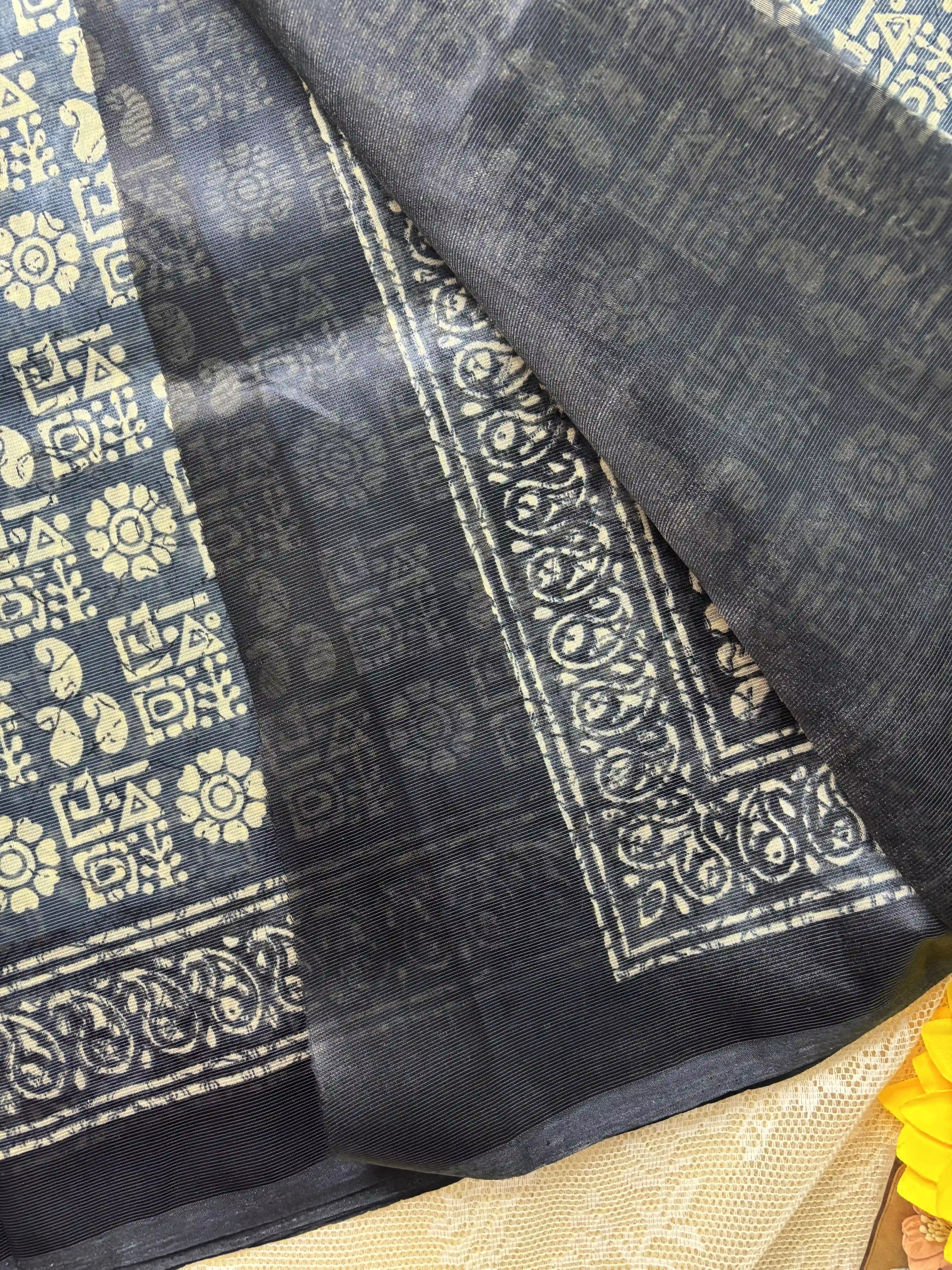 Navy Blue Silk Soft Cotton Saree with block print pattern print Body and mango pattern Border and pallu