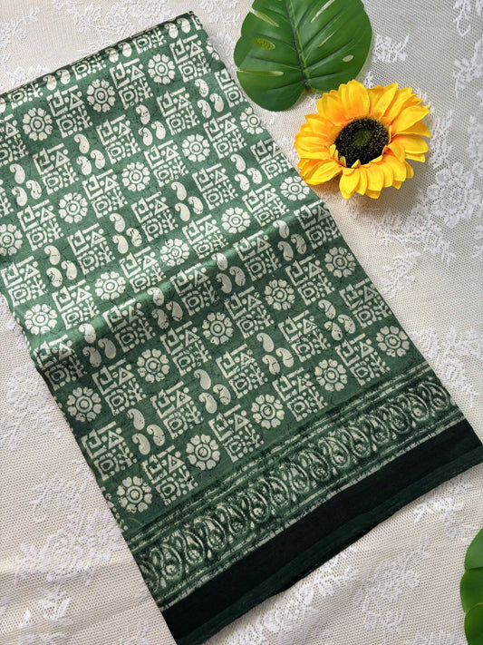 Green Silk Soft Cotton Saree with block print pattern print Body and mango pattern Border and pallu