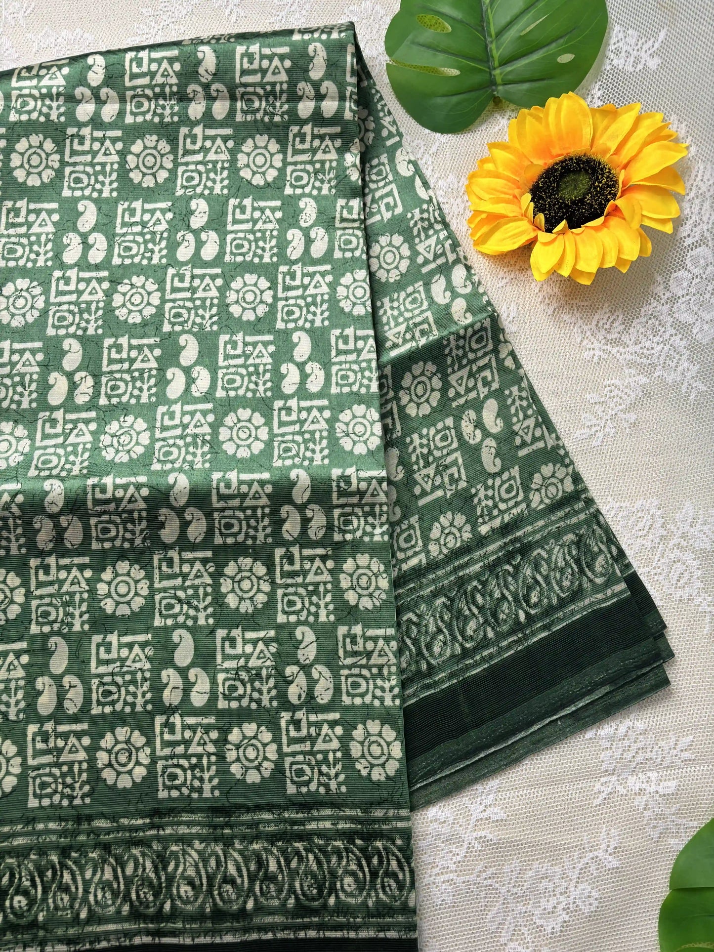 Green Silk Soft Cotton Saree with block print pattern print Body and mango pattern Border and pallu