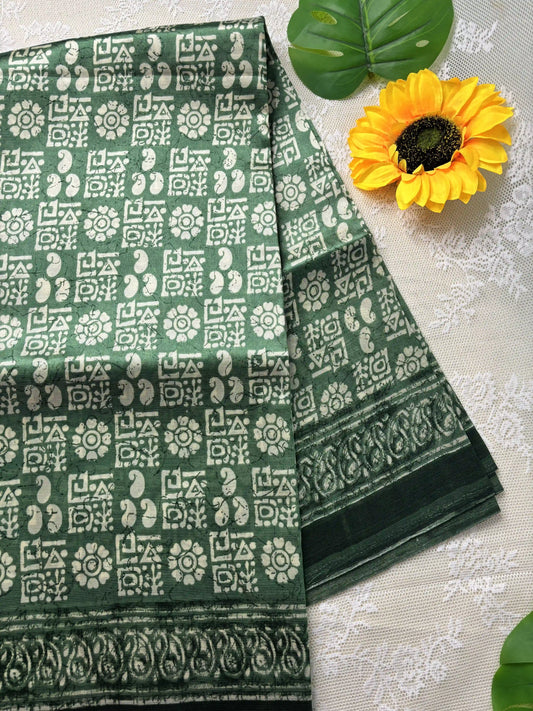 Green Silk Soft Cotton Saree with block print pattern print Body and mango pattern Border and pallu