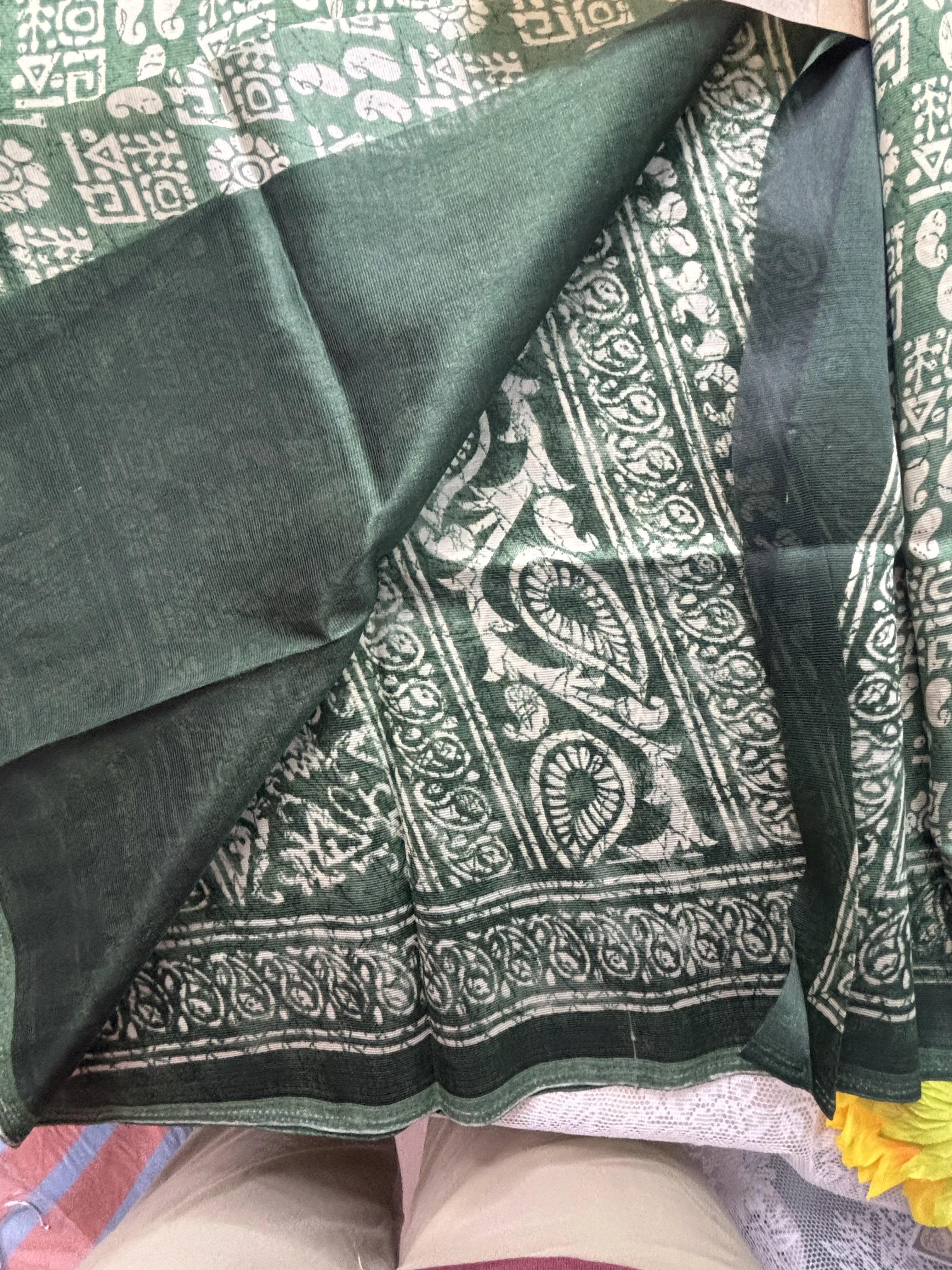 Green Silk Soft Cotton Saree with block print pattern print Body and mango pattern Border and pallu