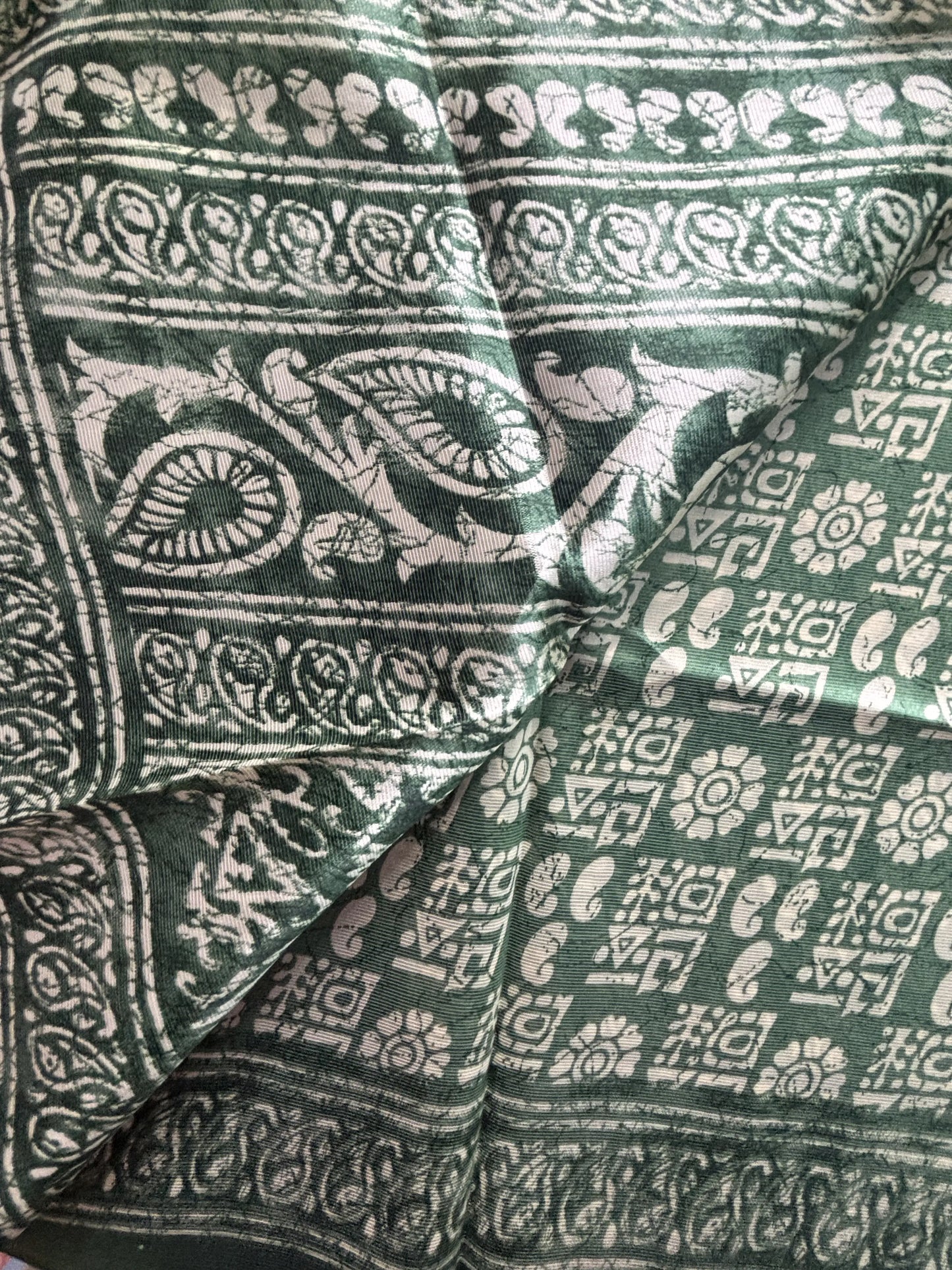 Green Silk Soft Cotton Saree with block print pattern print Body and mango pattern Border and pallu