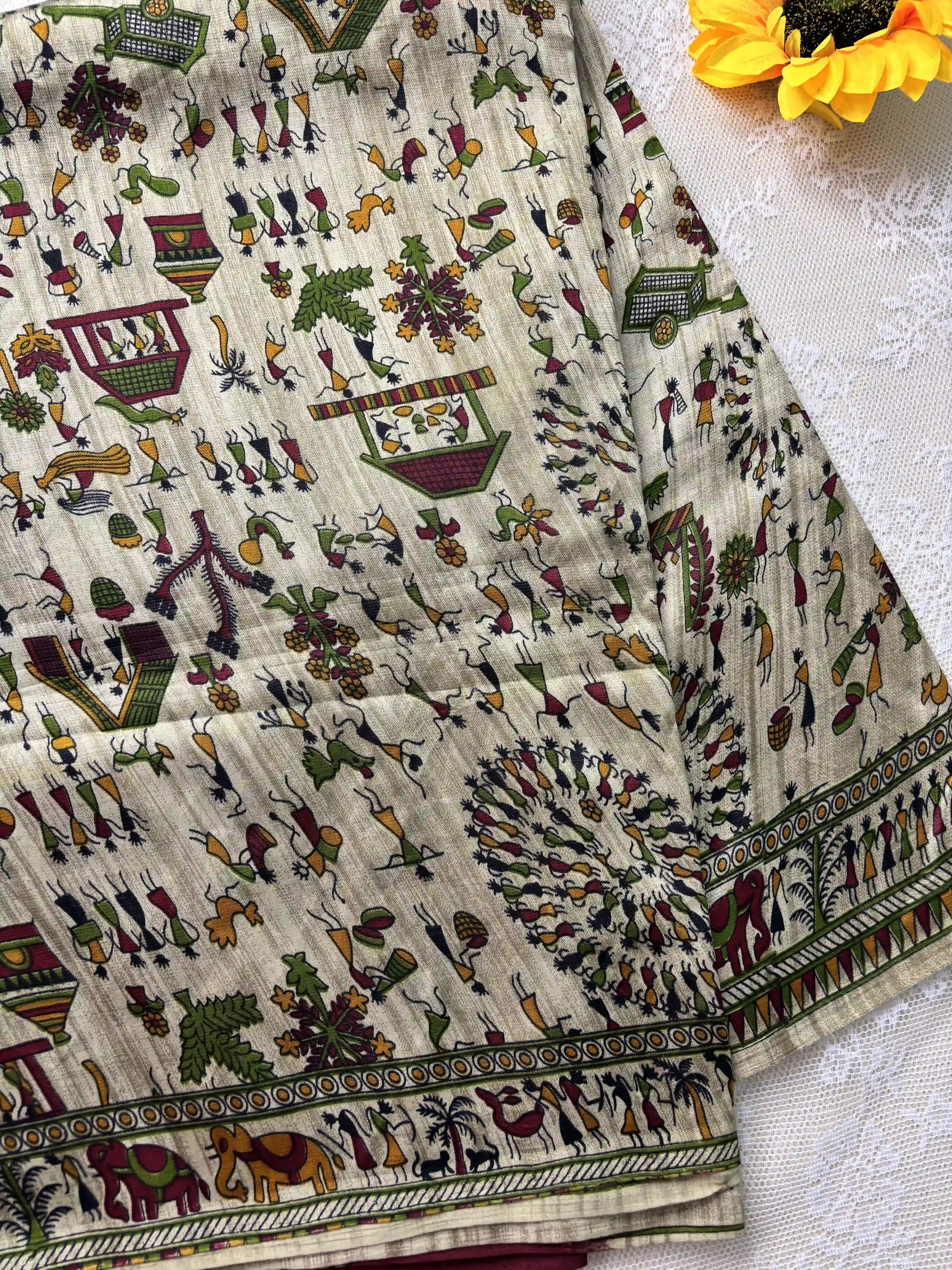 Silk Soft Cotton Saree with Concentric warli print and pink blouse