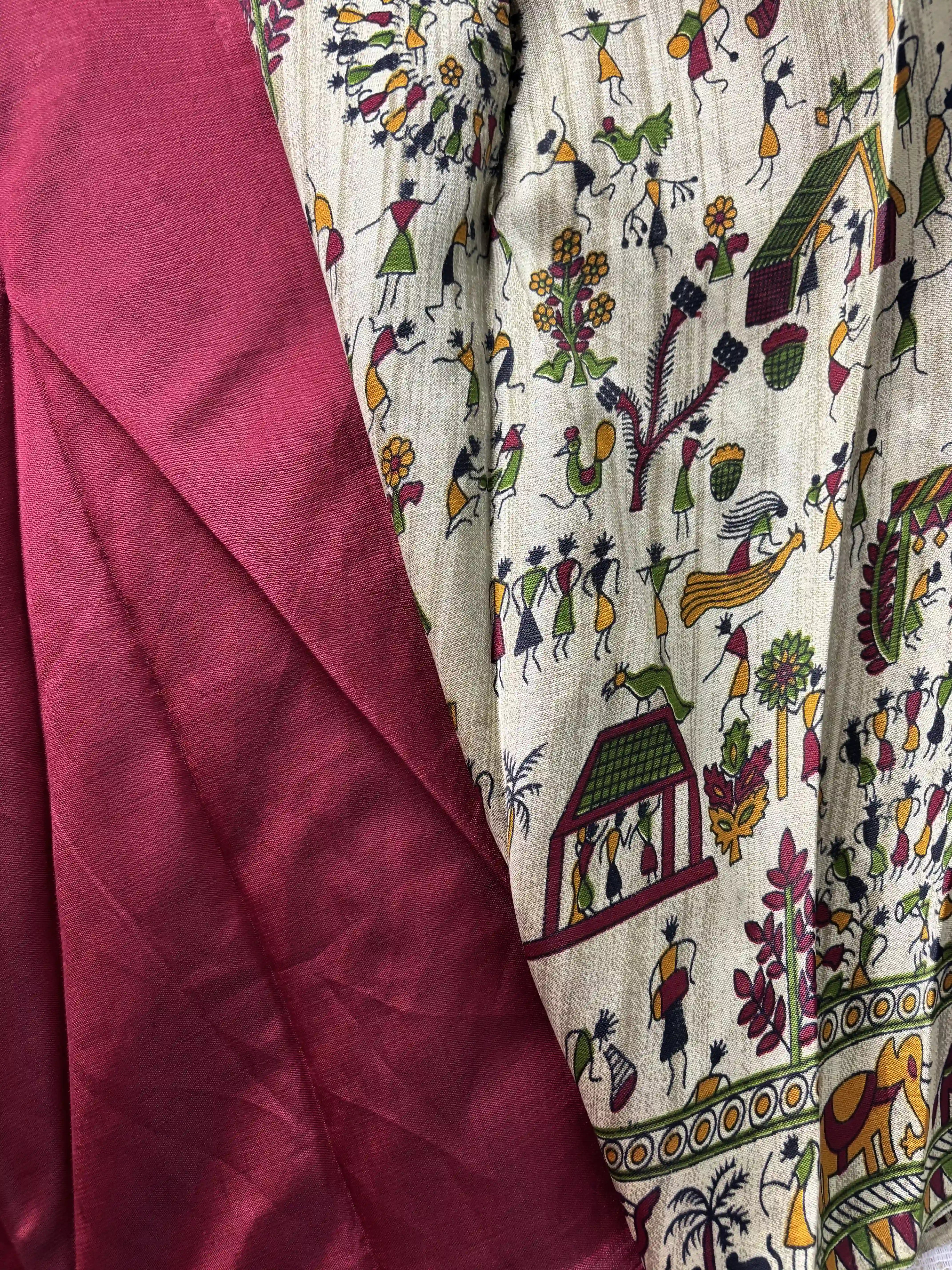 Silk Soft Cotton Saree with Concentric warli print and pink blouse