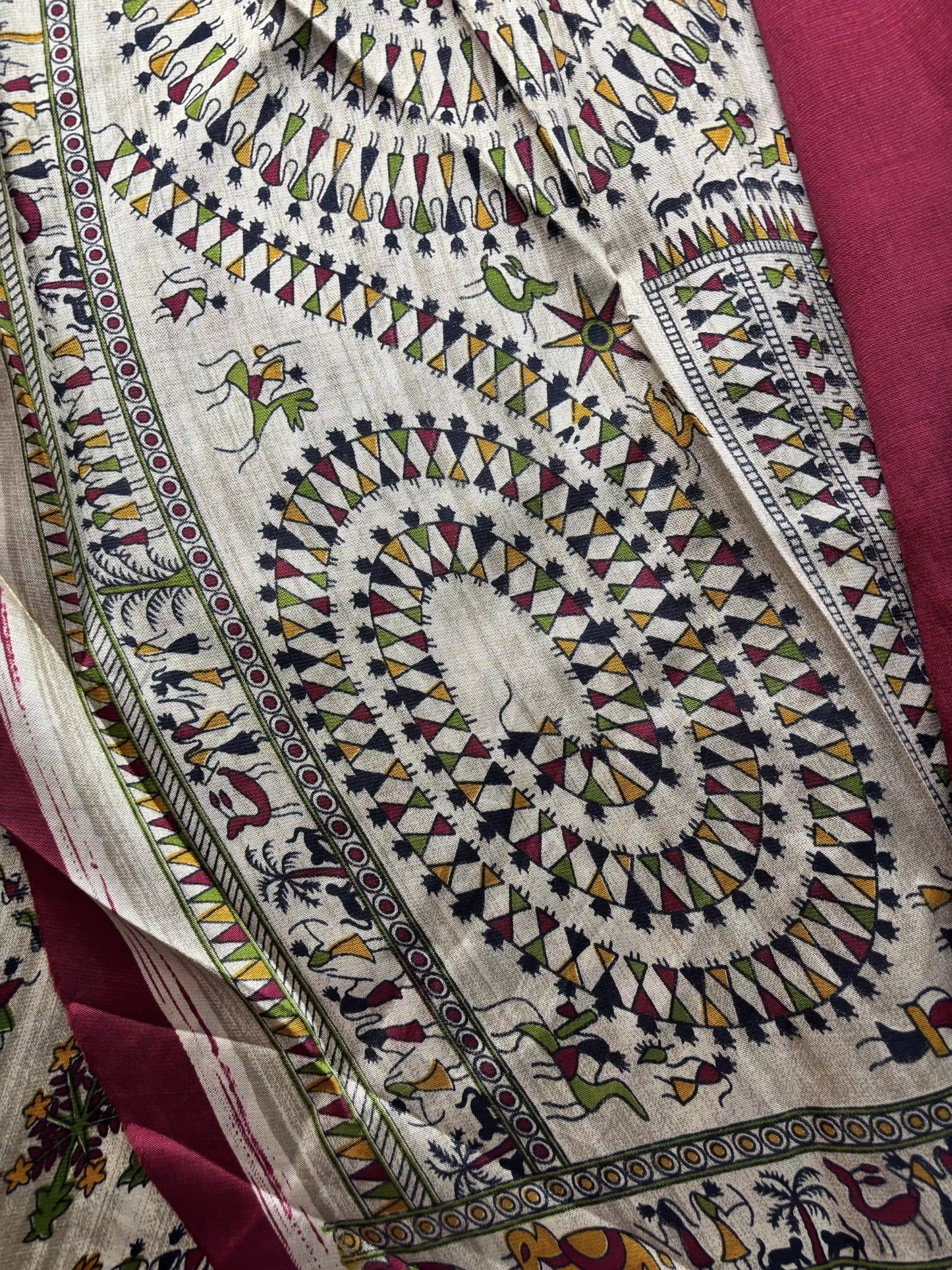 Silk Soft Cotton Saree with Concentric warli print and pink blouse