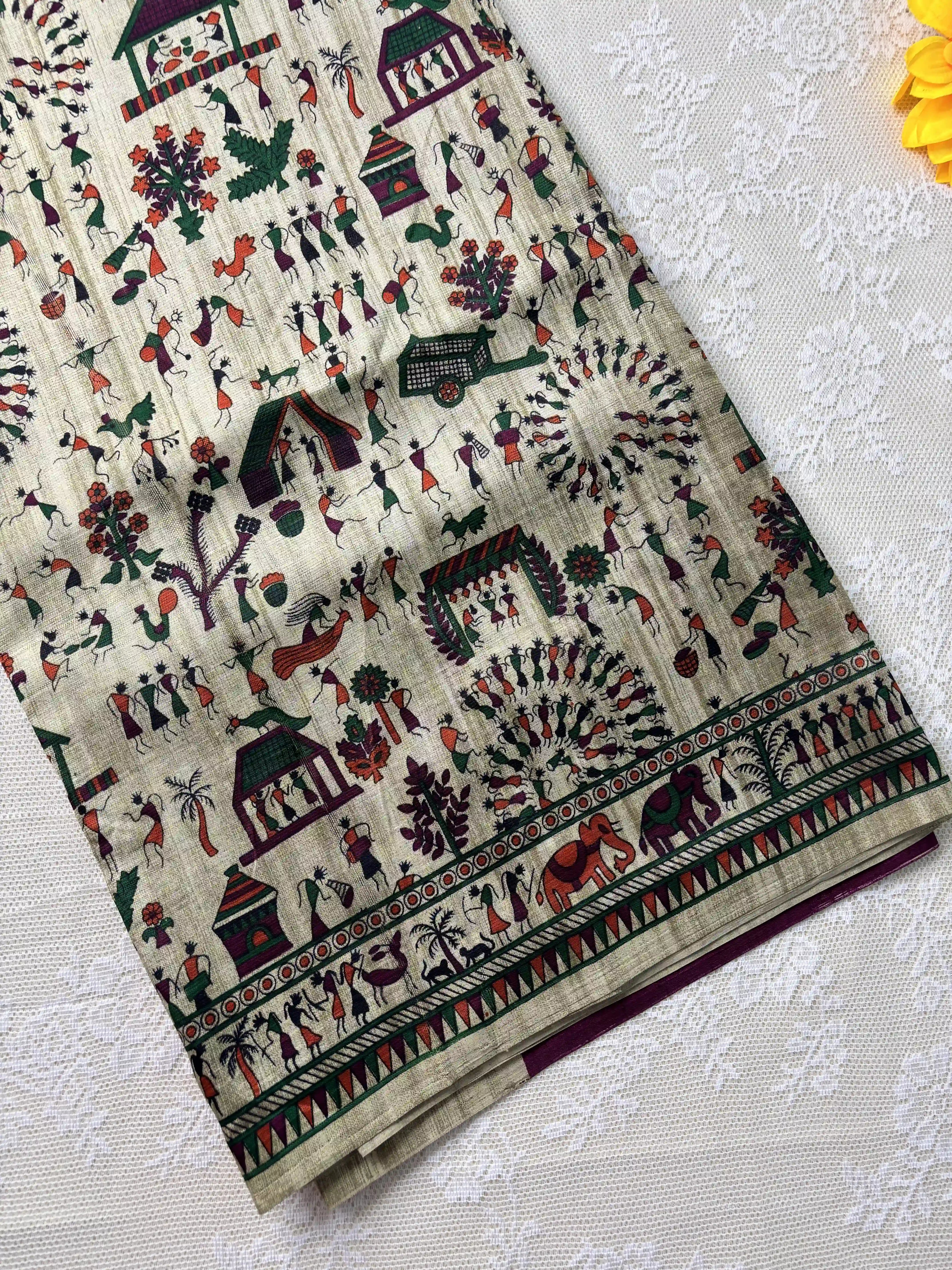 Silk Soft Cotton Saree with Concentric warli print and purple blouse
