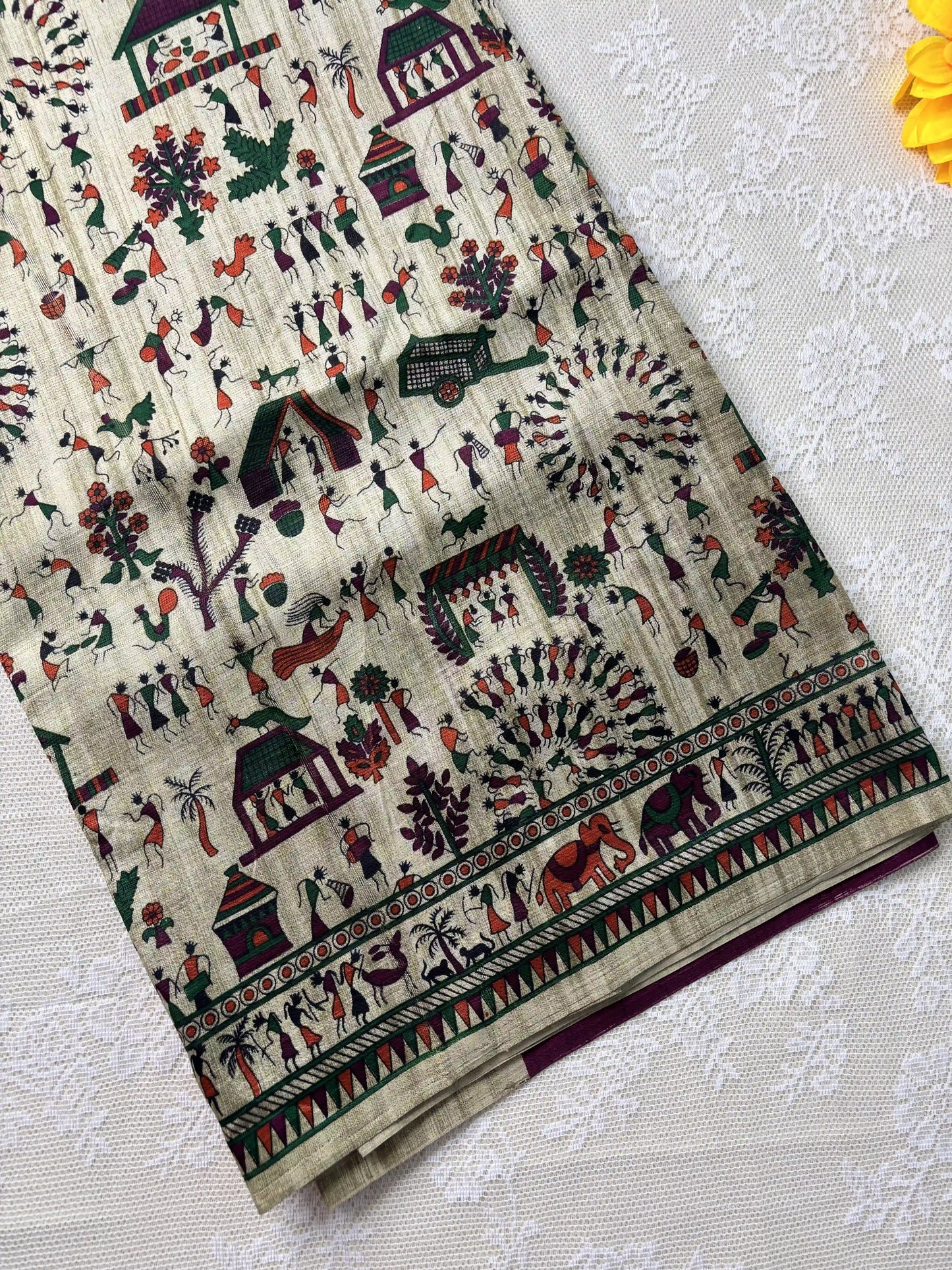 Silk Soft Cotton Saree with Concentric warli print and purple blouse
