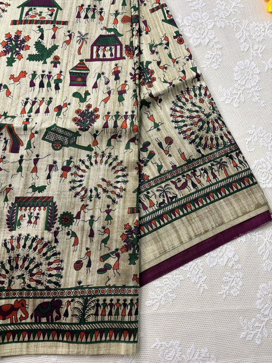 Silk Soft Cotton Saree with Concentric warli print and purple blouse