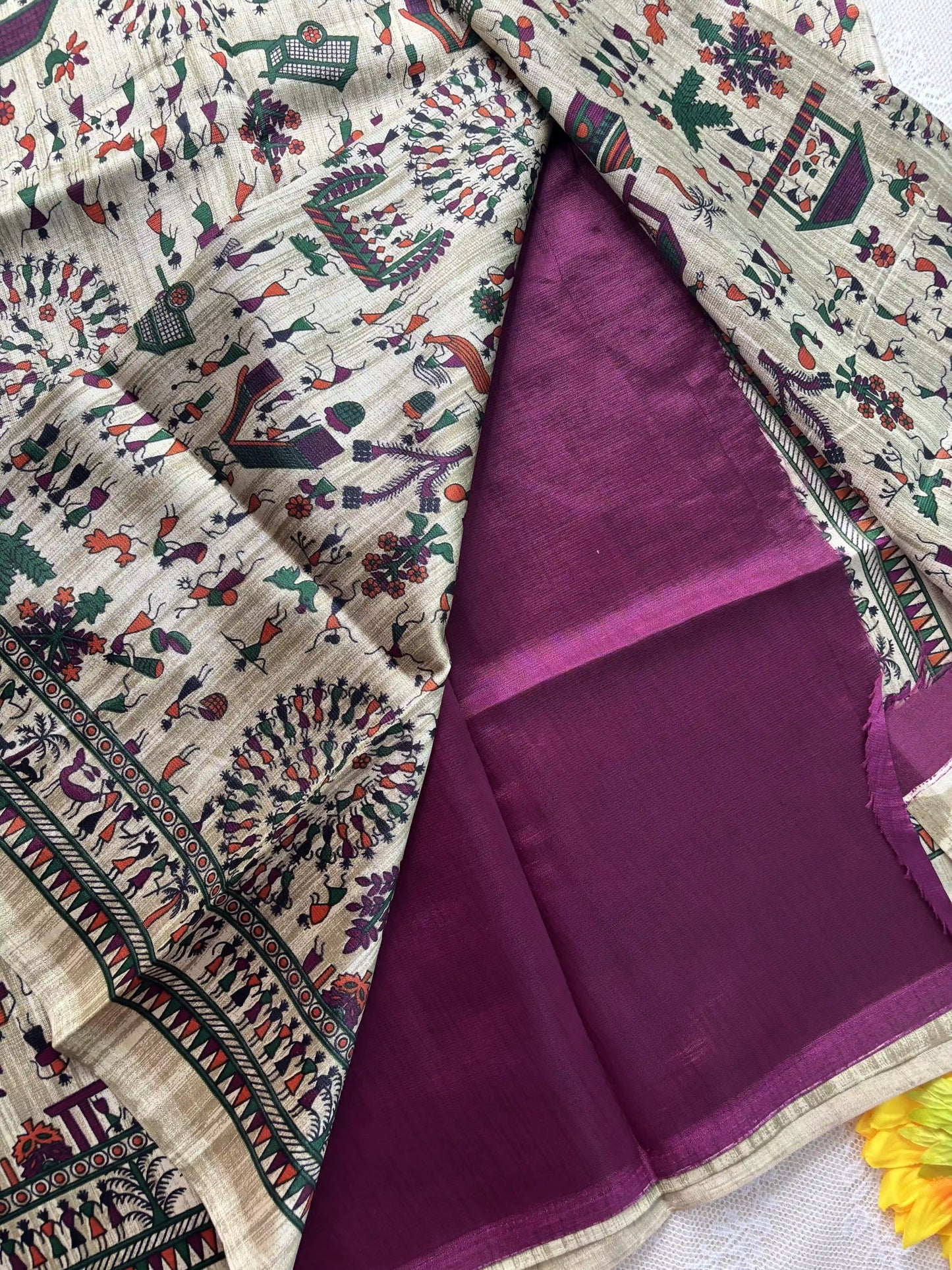 Silk Soft Cotton Saree with Concentric warli print and purple blouse