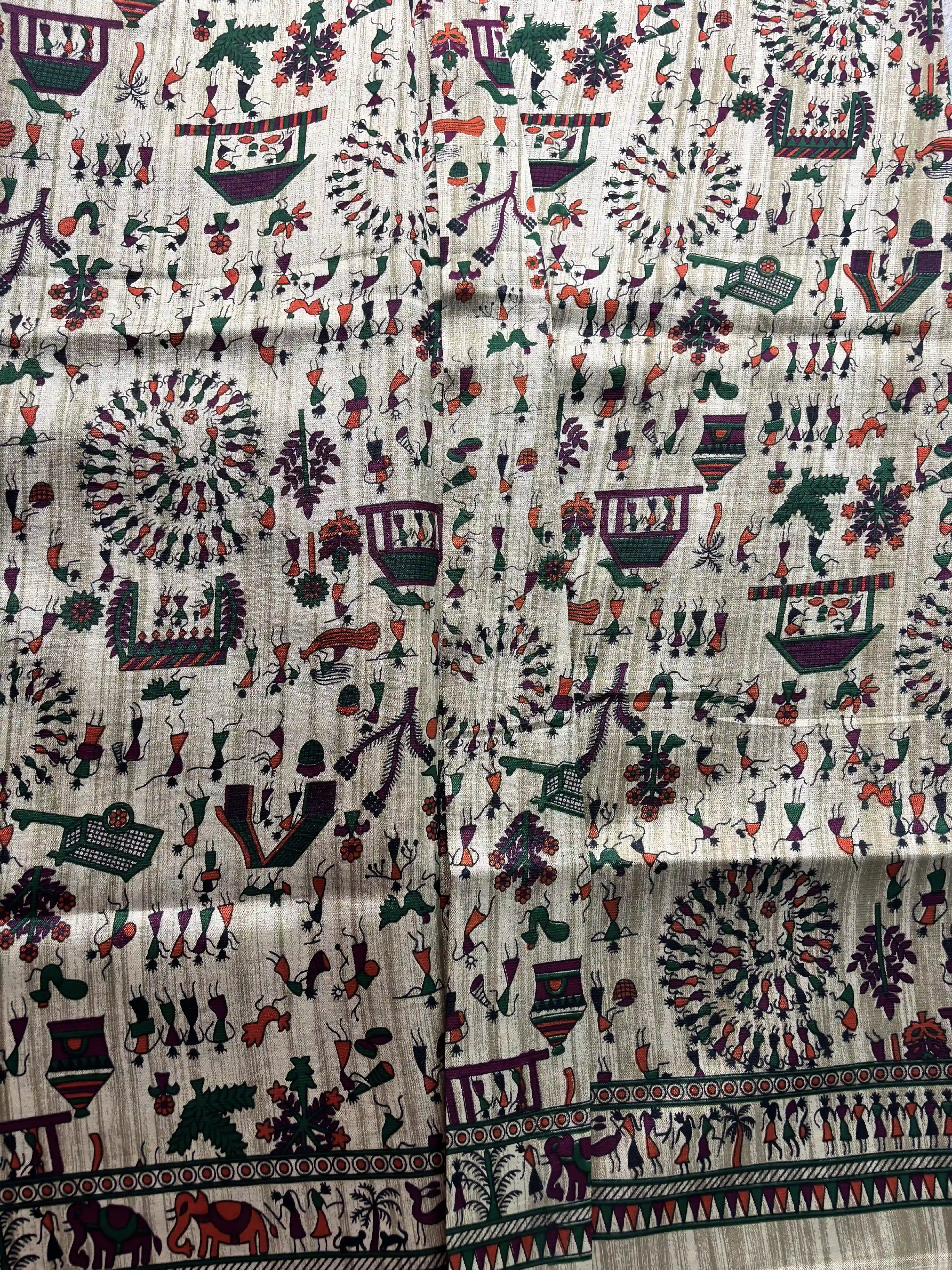 Silk Soft Cotton Saree with Concentric warli print and purple blouse