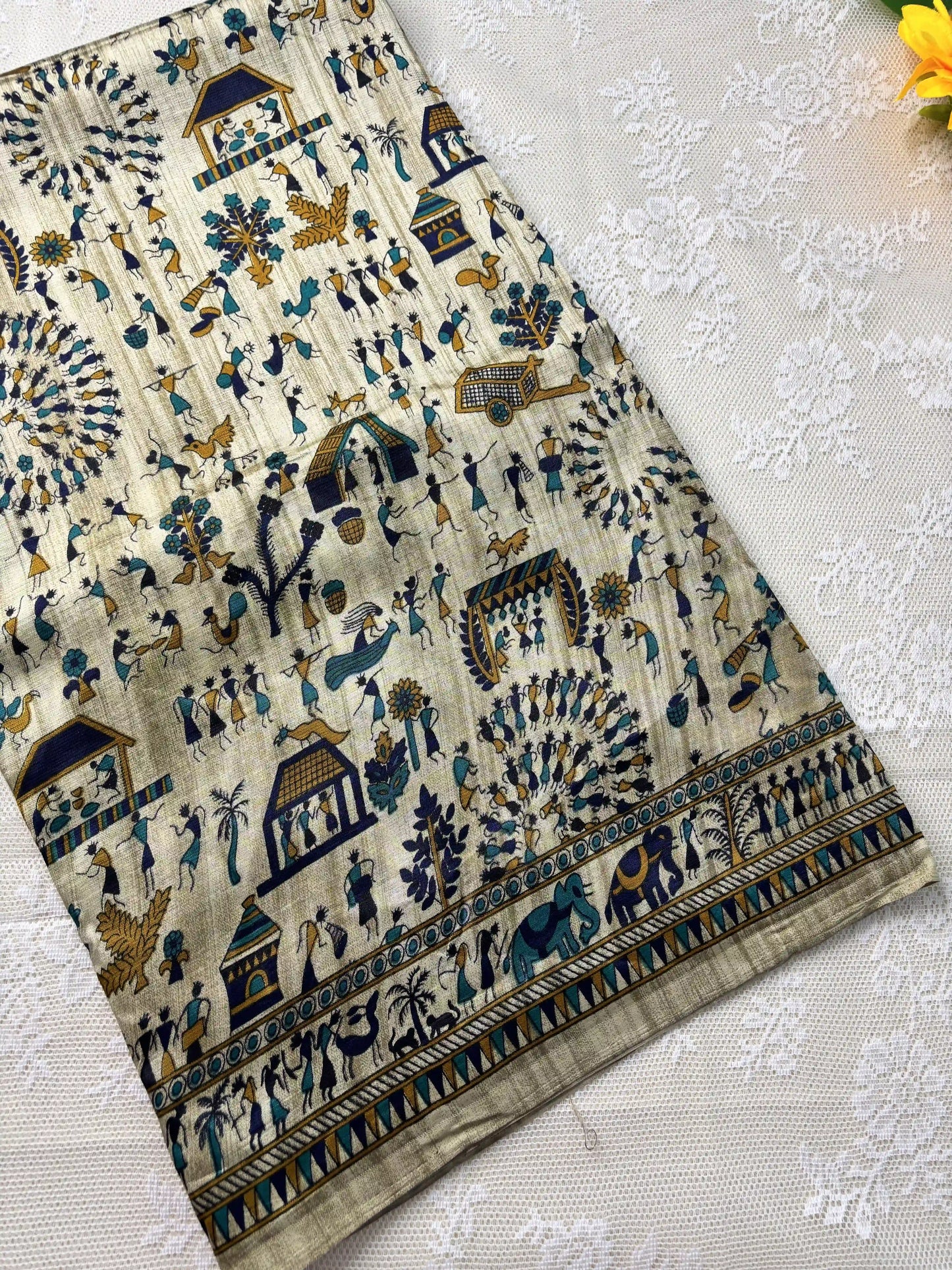 Silk Soft Cotton Saree with Concentric warli print and Blue blouse