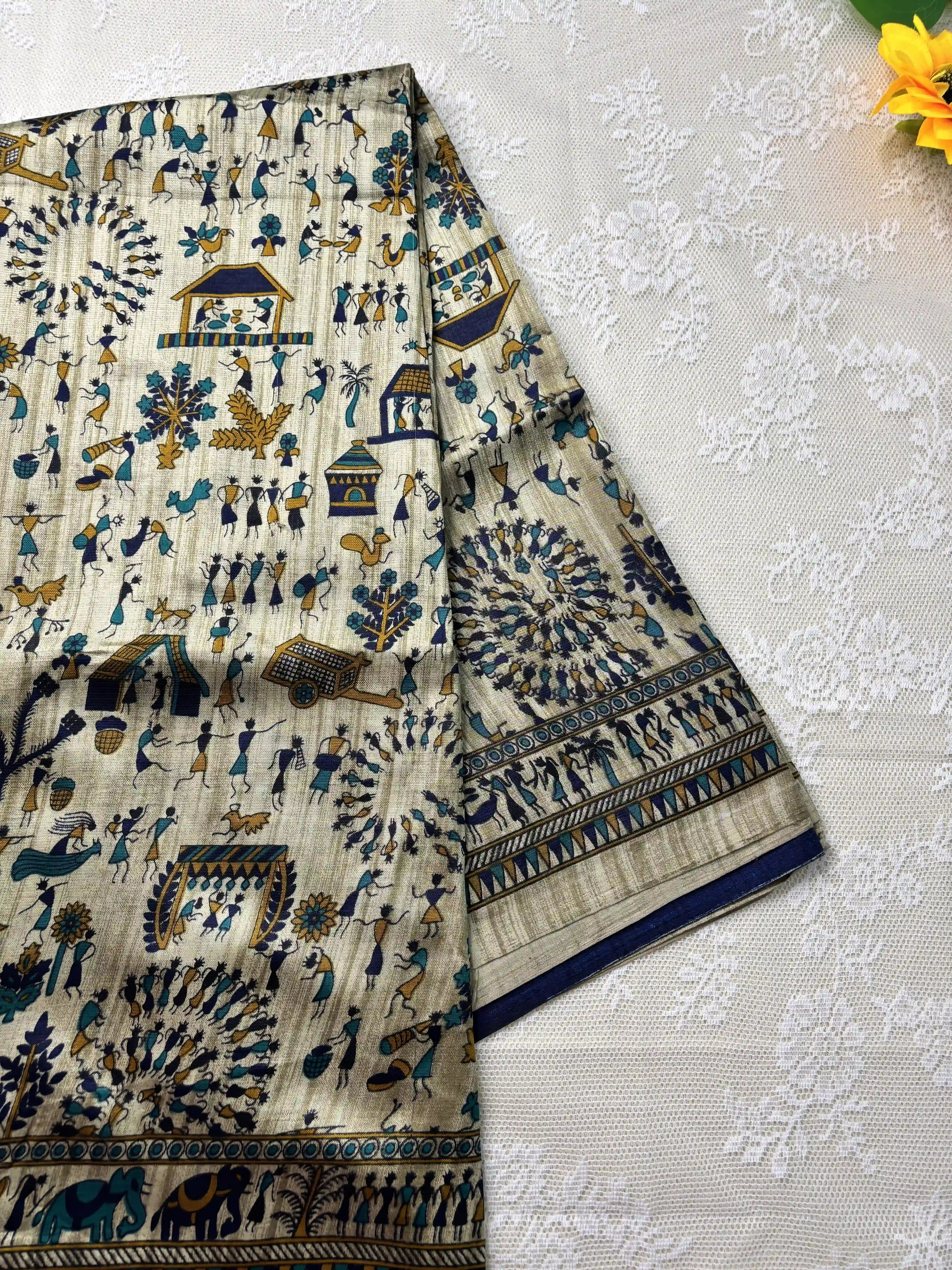 Silk Soft Cotton Saree with Concentric warli print and Blue blouse