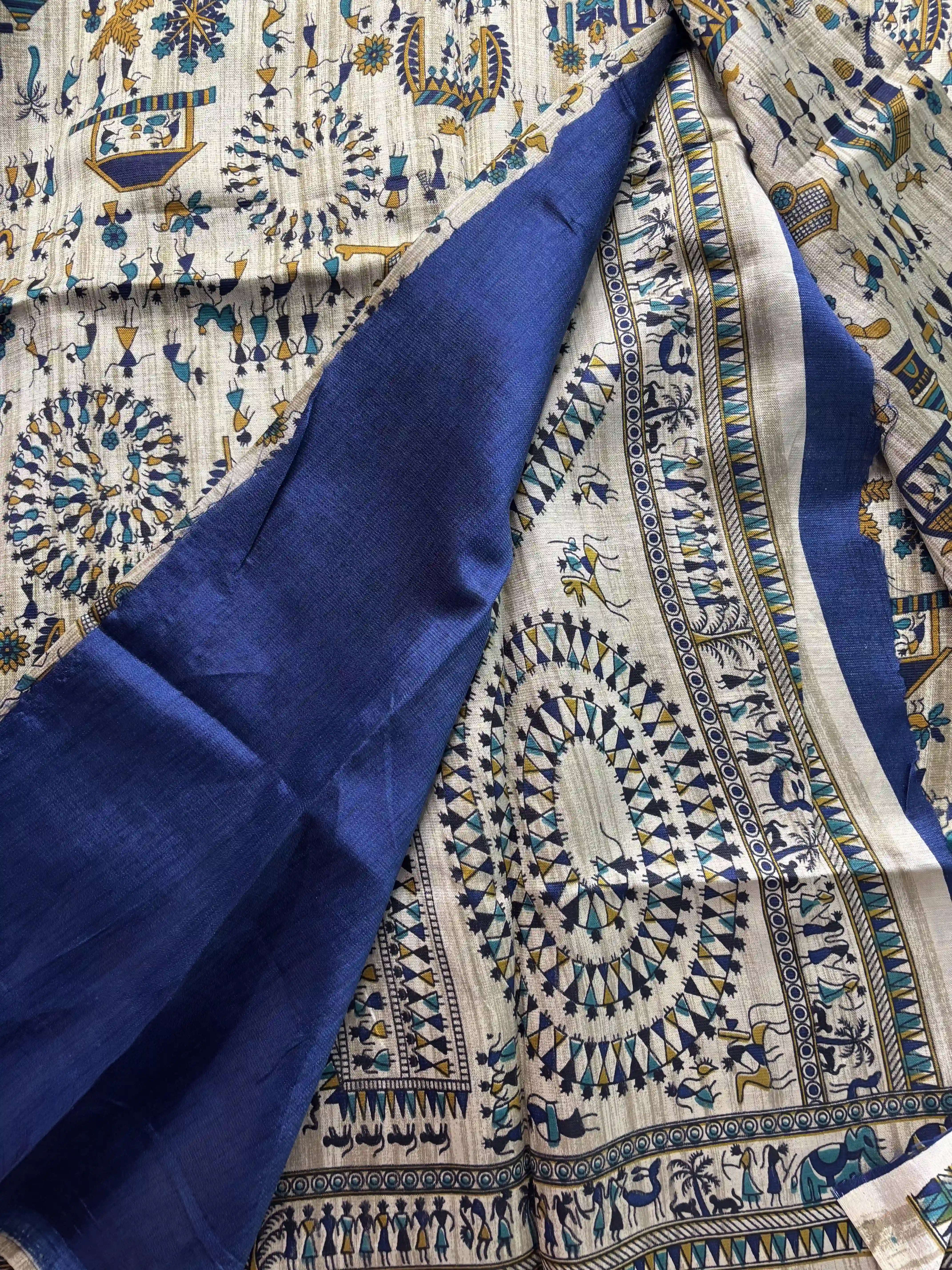 Silk Soft Cotton Saree with Concentric warli print and Blue blouse