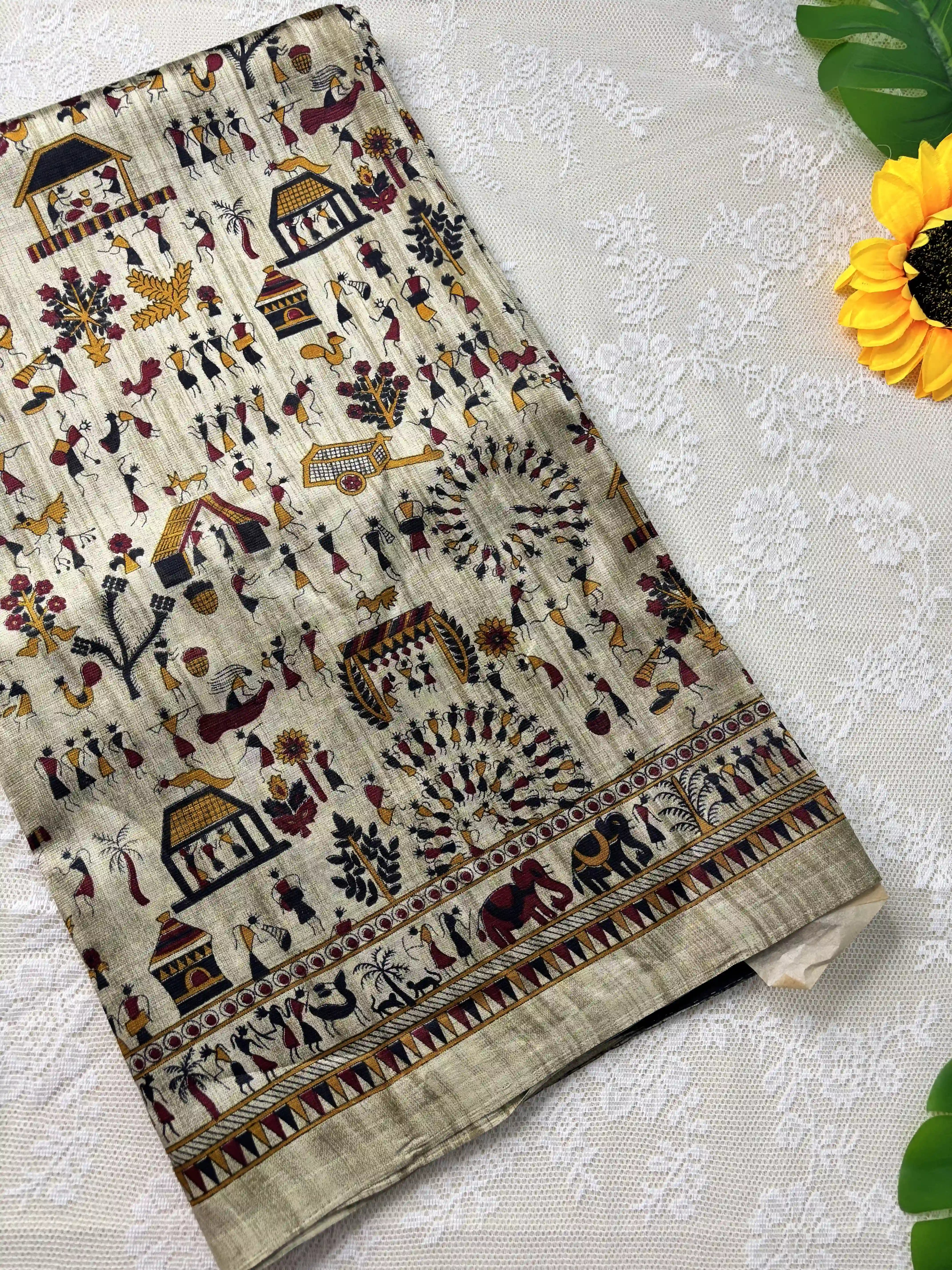 Silk Soft Cotton Saree with Concentric warli print and Grey blouse