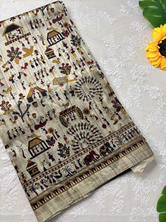 Silk Soft Cotton Saree with Concentric warli print and Grey blouse