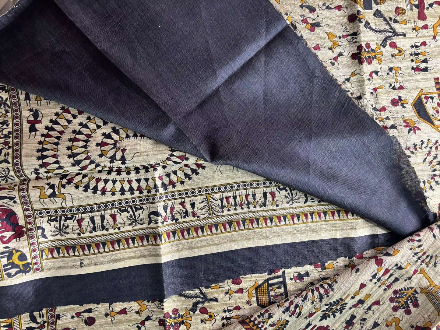 Silk Soft Cotton Saree with Concentric warli print and Grey blouse