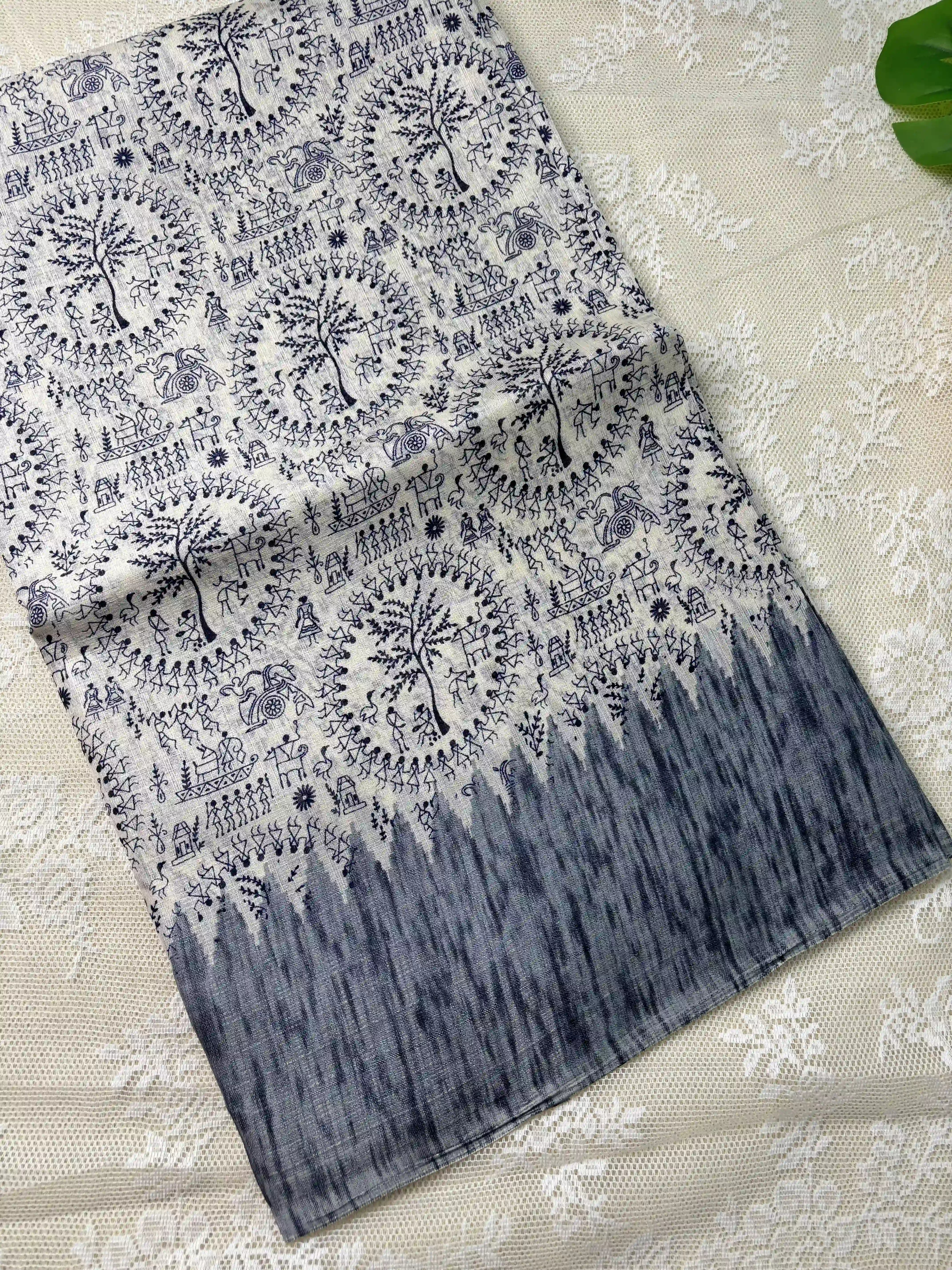 Blue Khadi Silk Saree with Warli Print Body and Marble pattern temple design Border and pallu