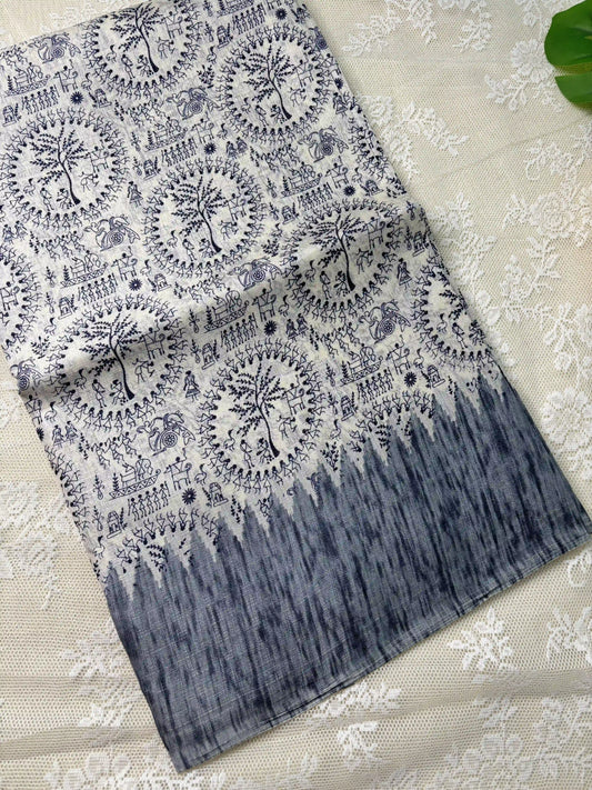 Blue Khadi Silk Saree with Warli Print Body and Marble pattern temple design Border and pallu