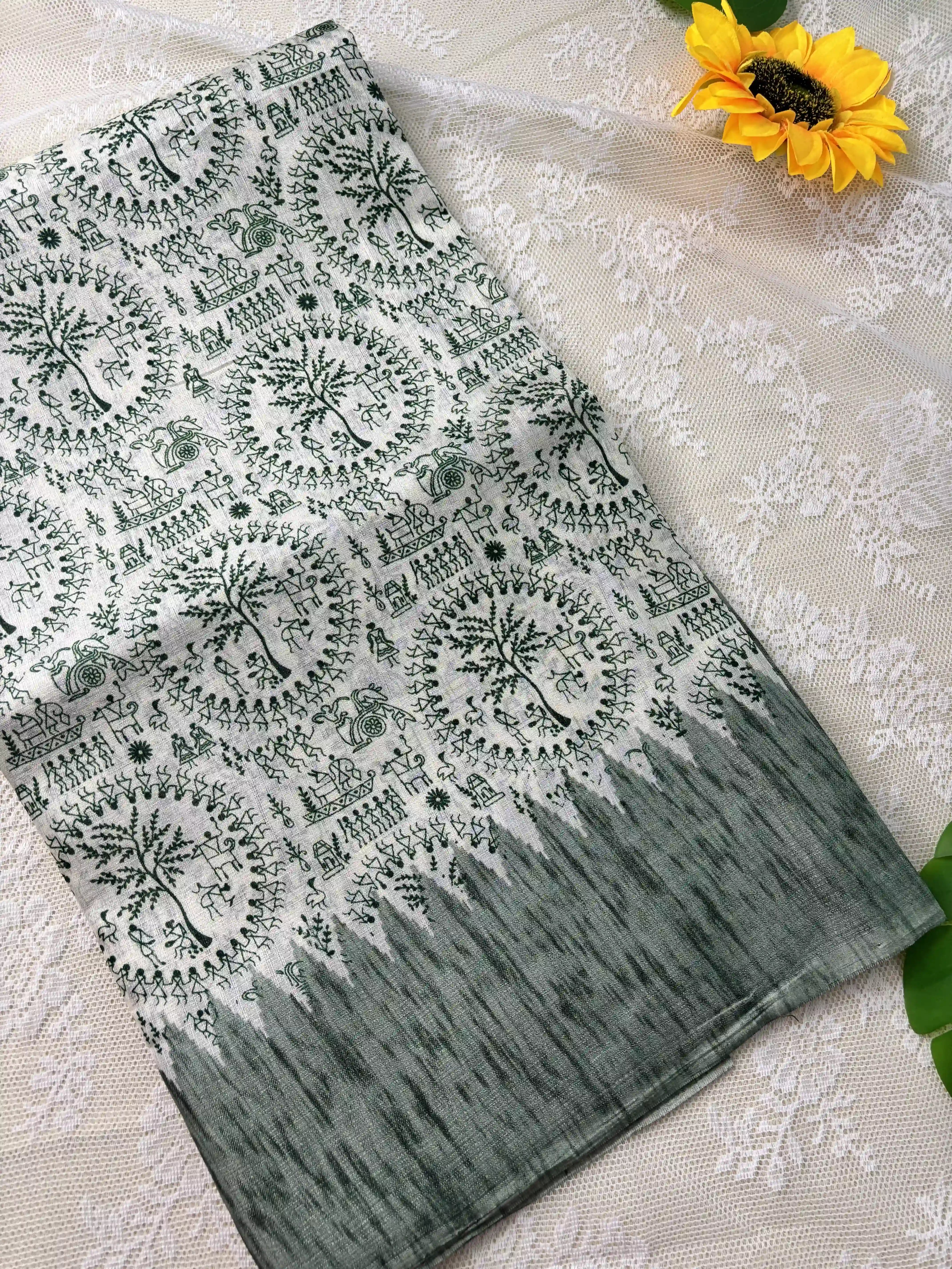 Green Khadi Silk Saree with Warli Print Body and Marble pattern temple design Border and pallu