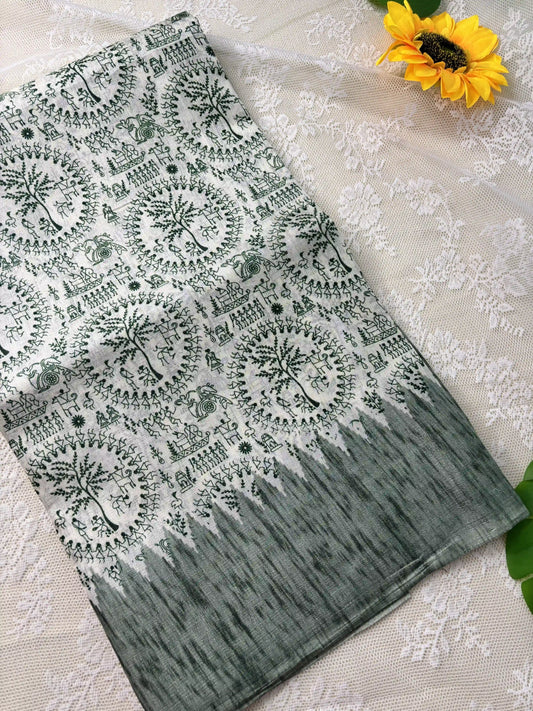 Green Khadi Silk Saree with Warli Print Body and Marble pattern temple design Border and pallu