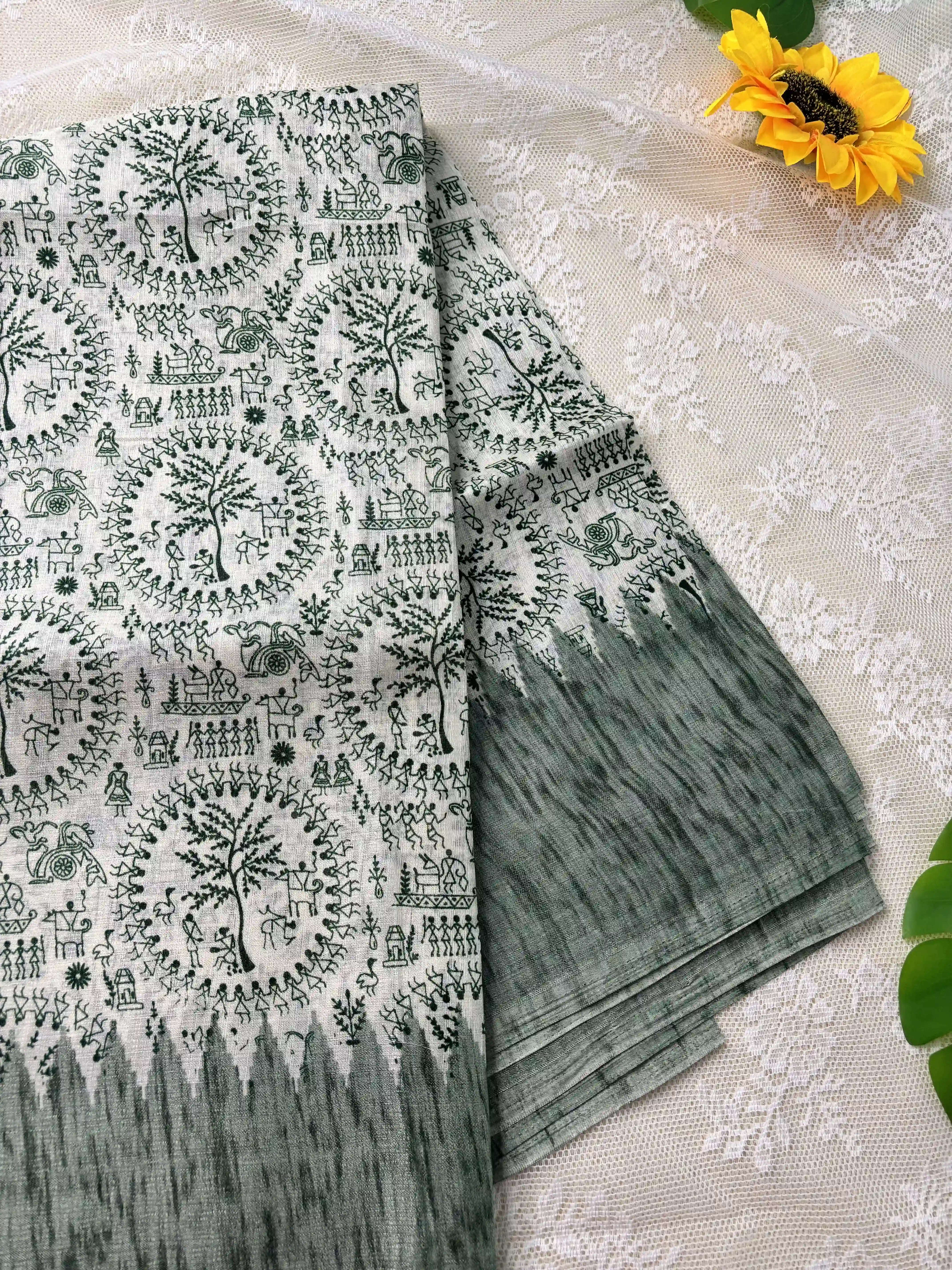 Green Khadi Silk Saree with Warli Print Body and Marble pattern temple design Border and pallu