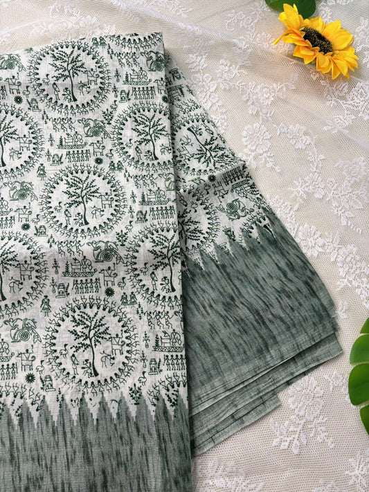 Green Khadi Silk Saree with Warli Print Body and Marble pattern temple design Border and pallu