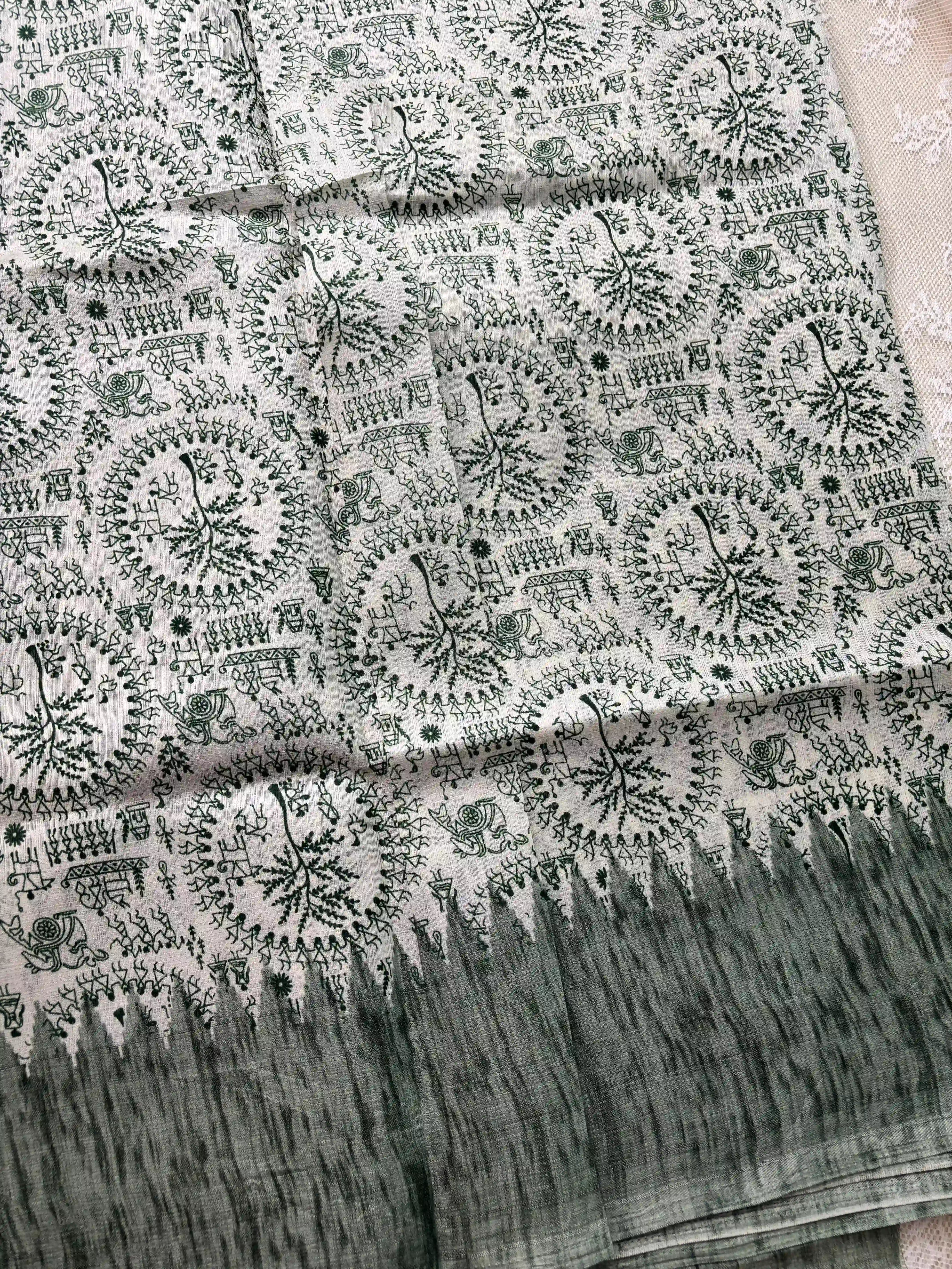 Green Khadi Silk Saree with Warli Print Body and Marble pattern temple design Border and pallu