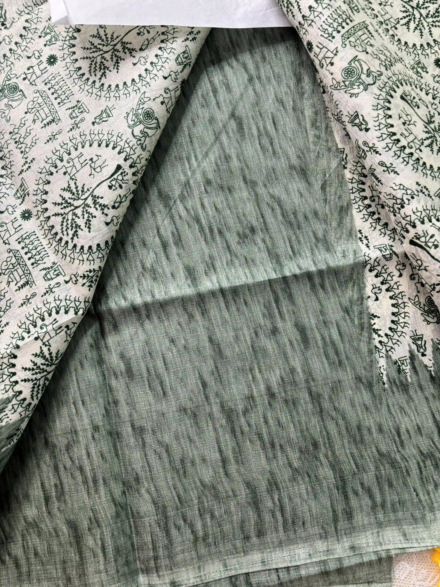 Green Khadi Silk Saree with Warli Print Body and Marble pattern temple design Border and pallu