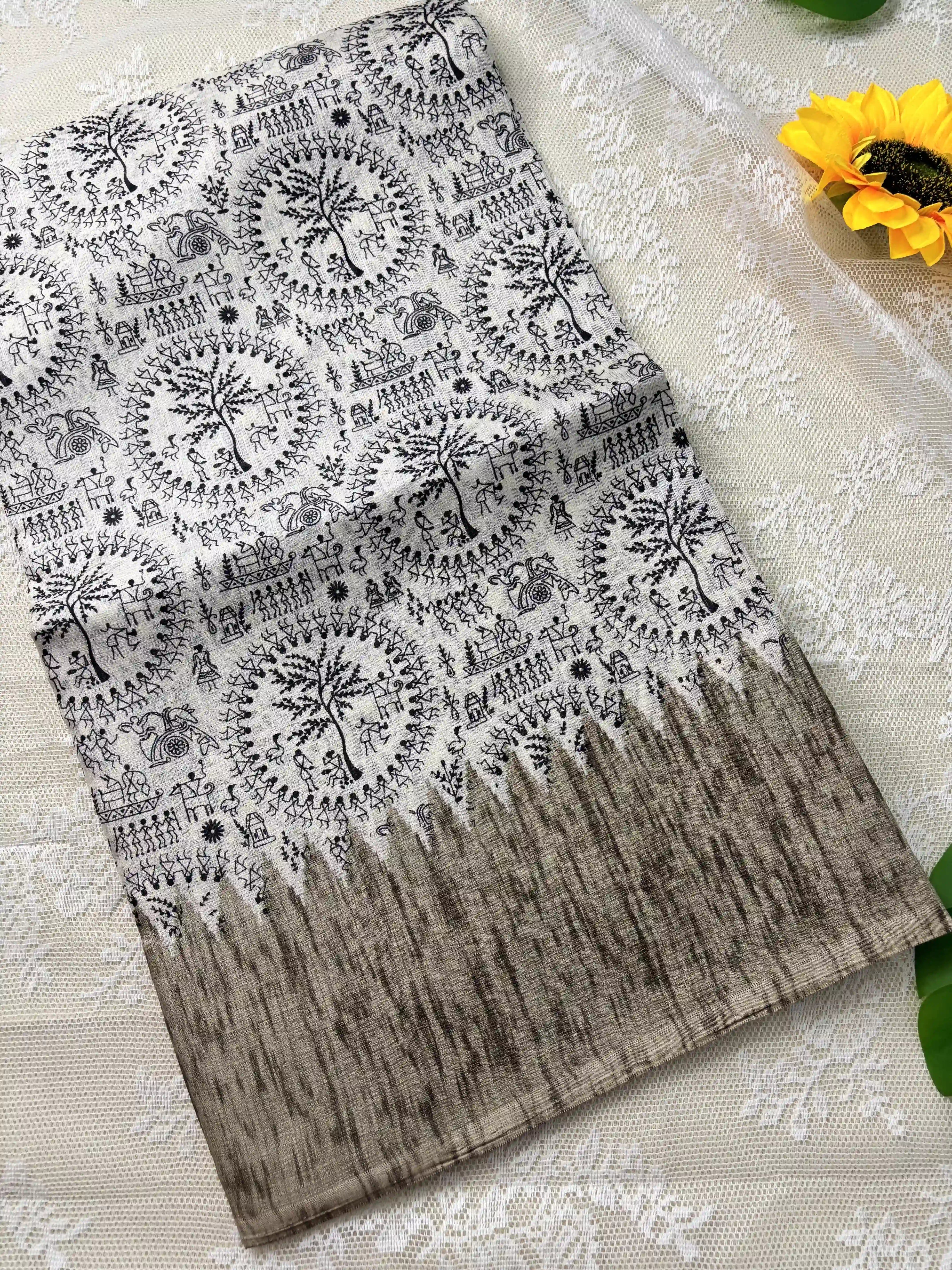 Black Khadi Silk Saree with Warli Print Body and Marble pattern temple design Border and pallu