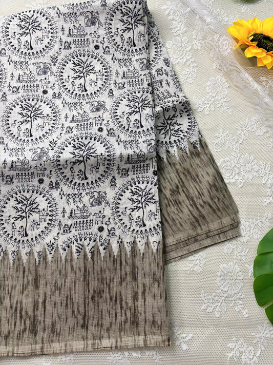 Black Khadi Silk Saree with Warli Print Body and Marble pattern temple design Border and pallu