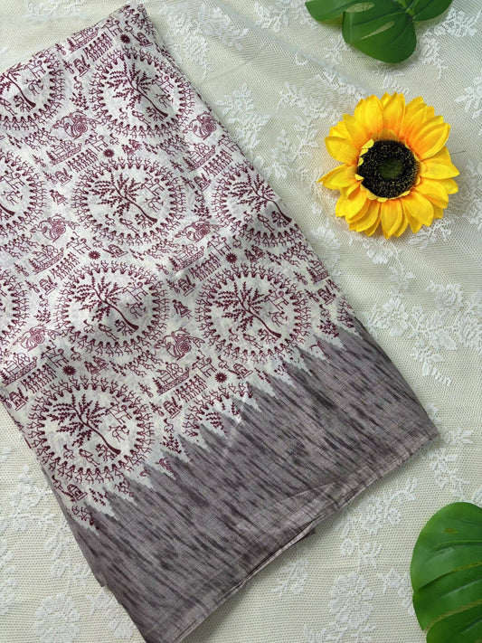 Brown Khadi Silk Saree with Warli Print Body and Marble pattern temple design Border and pallu