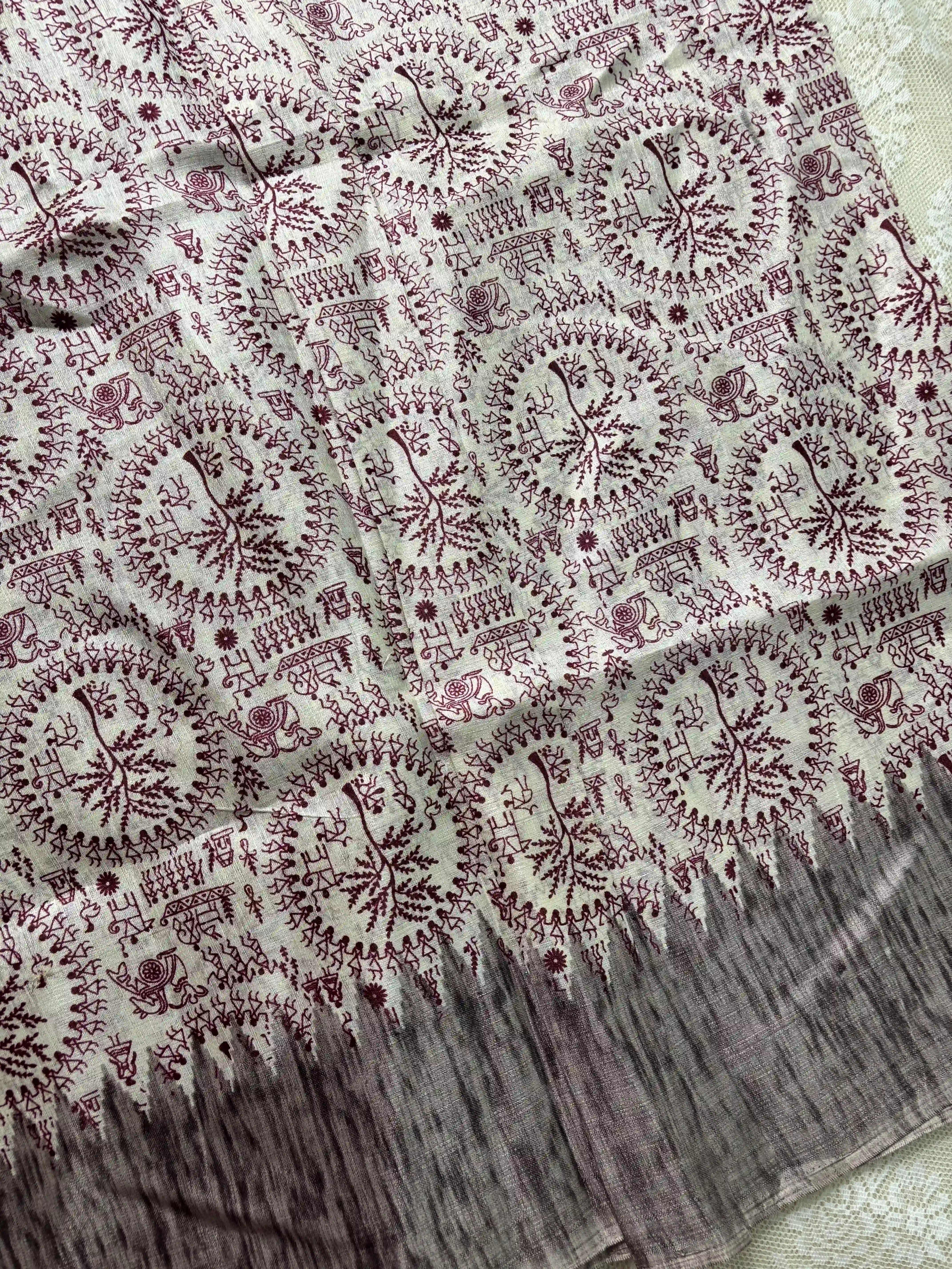Brown Khadi Silk Saree with Warli Print Body and Marble pattern temple design Border and pallu
