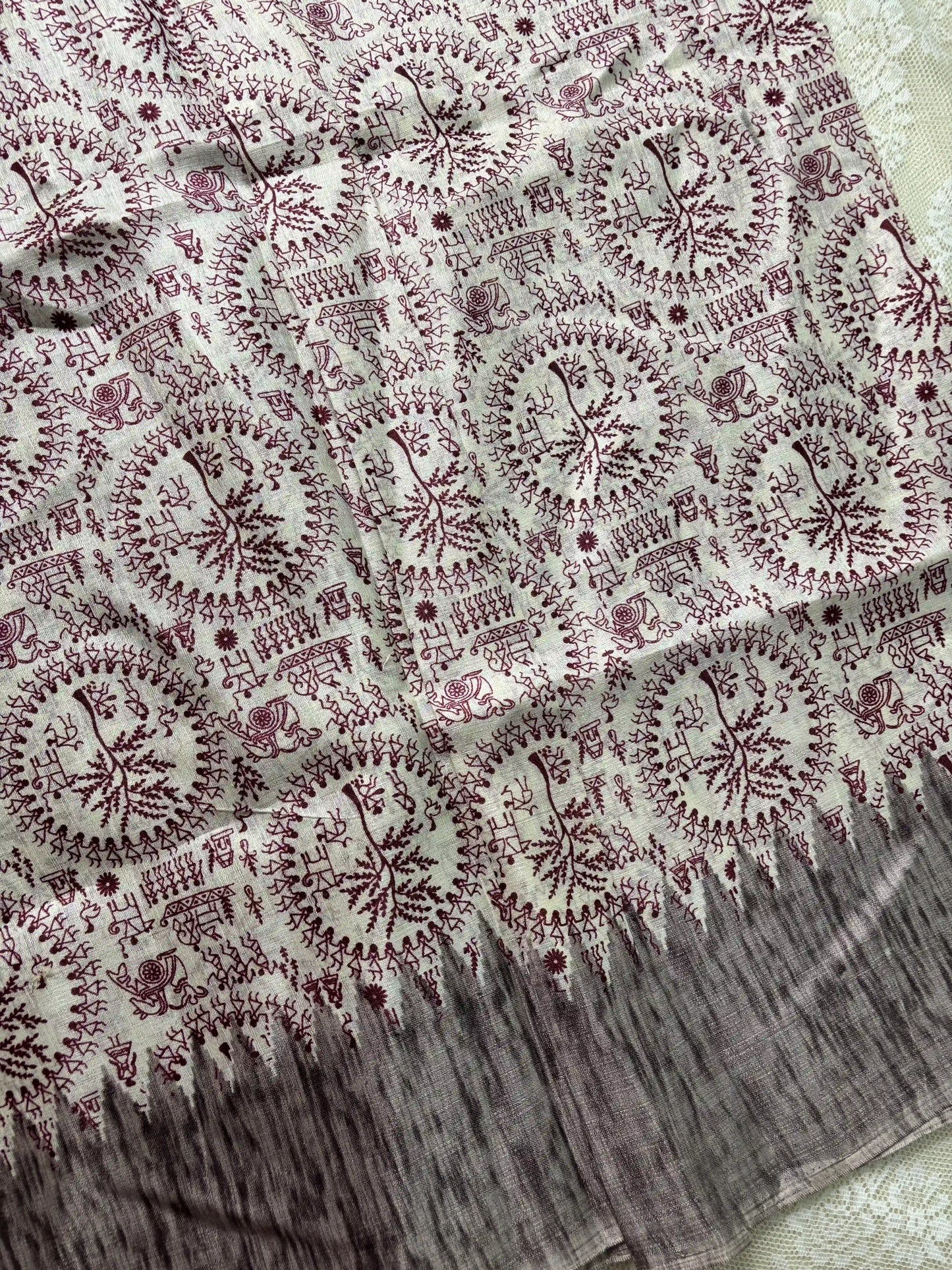Brown Khadi Silk Saree with Warli Print Body and Marble pattern temple design Border and pallu