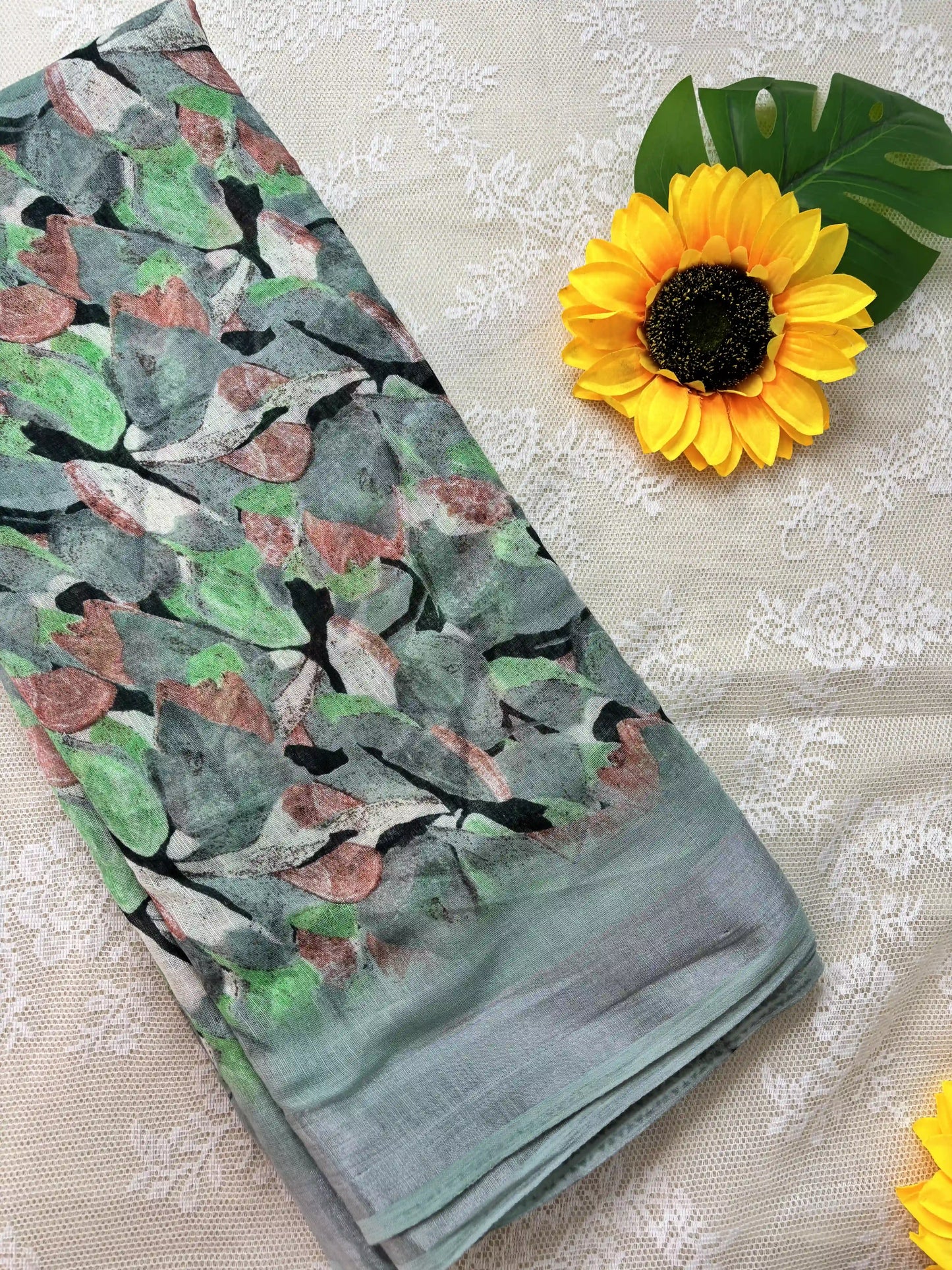 Green Semi Linen Cotton Floral Print Saree