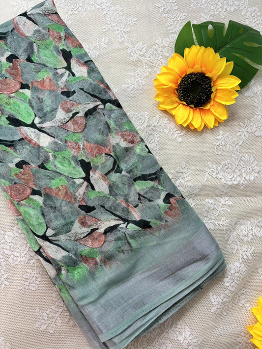 Green Semi Linen Cotton Floral Print Saree
