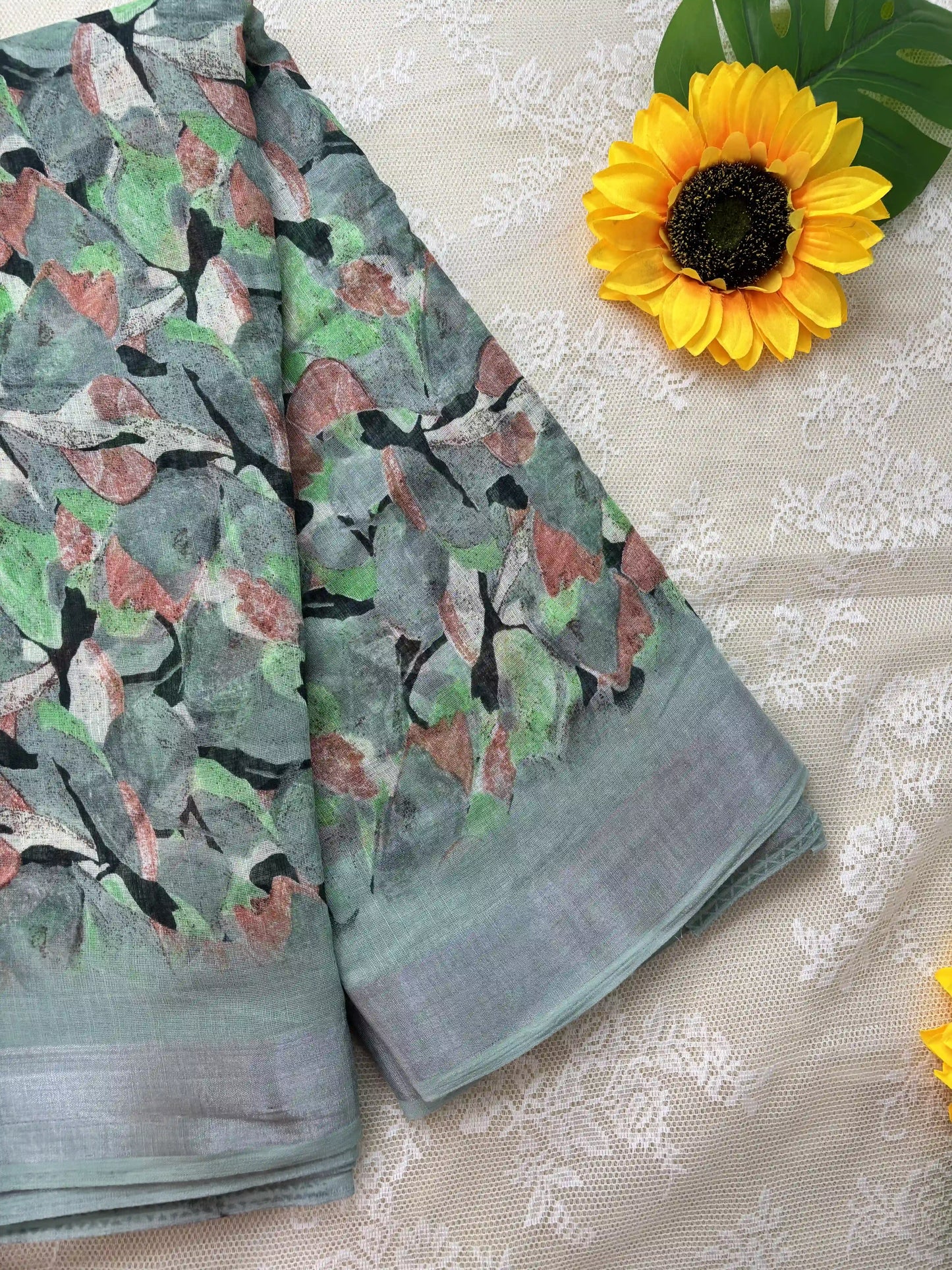 Green Semi Linen Cotton Floral Print Saree