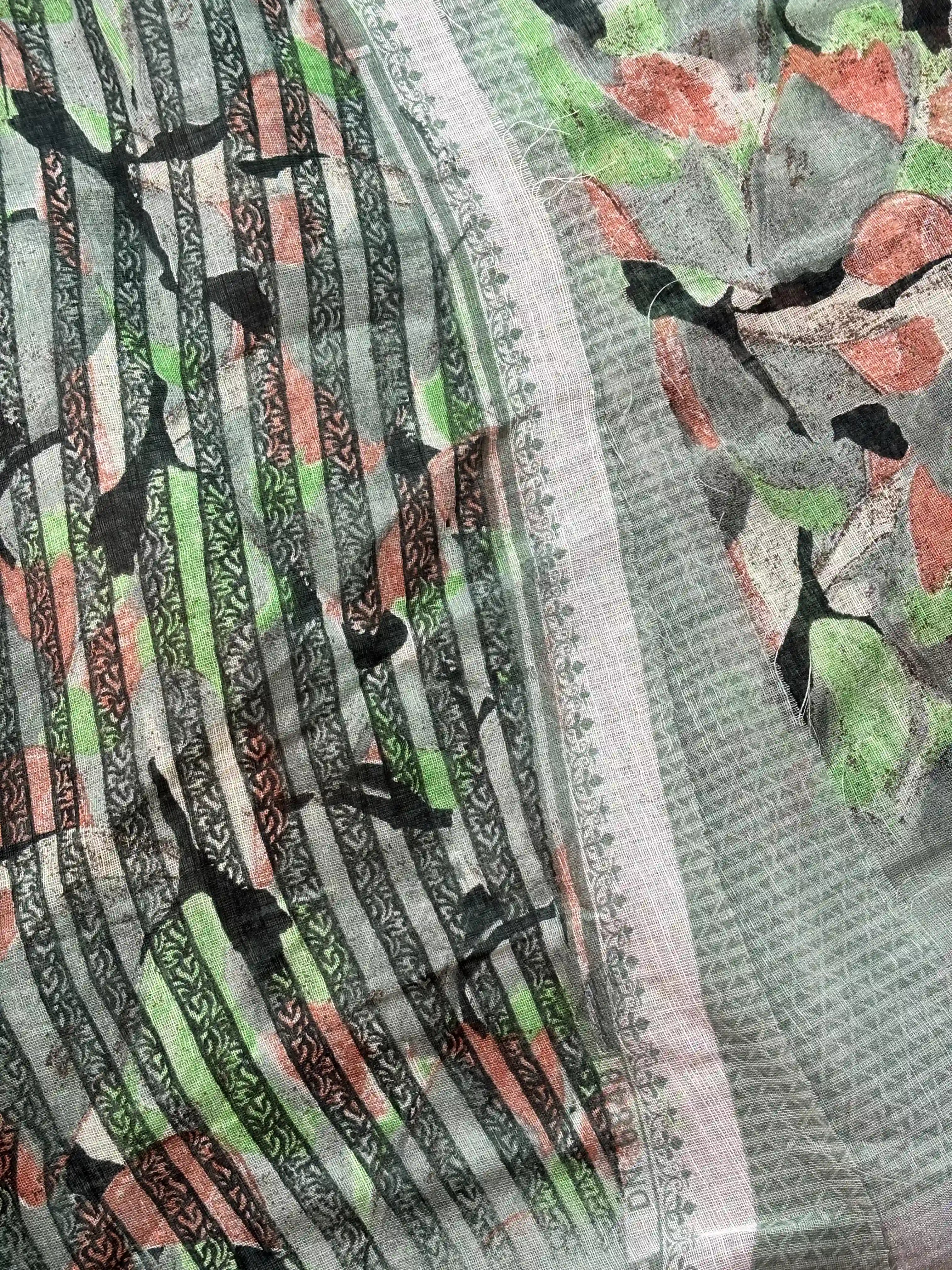 Green Semi Linen Cotton Floral Print Saree