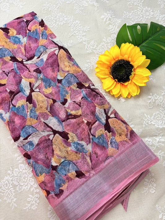 Peach Semi Linen Cotton Floral Print Saree