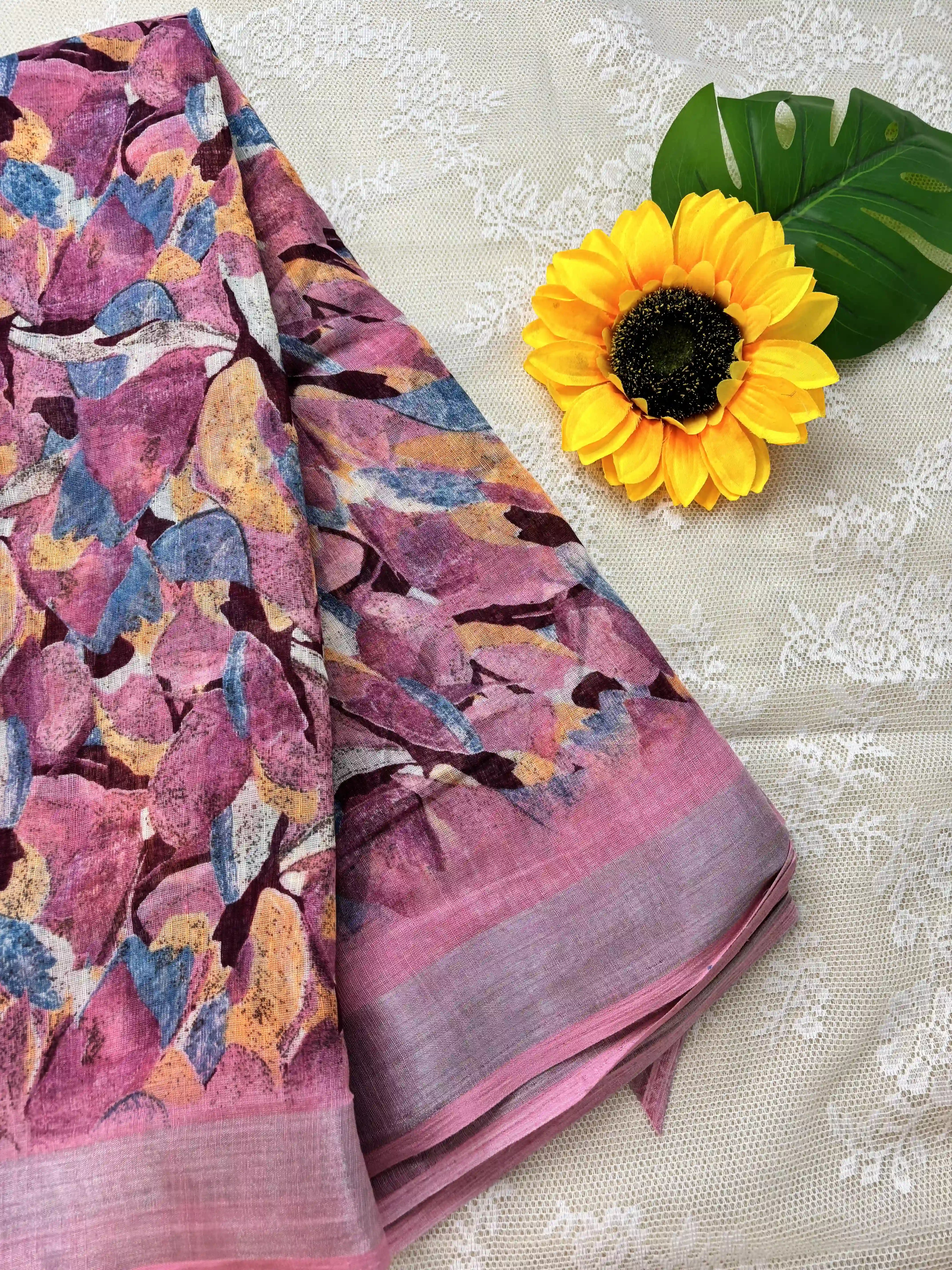 Peach Semi Linen Cotton Floral Print Saree